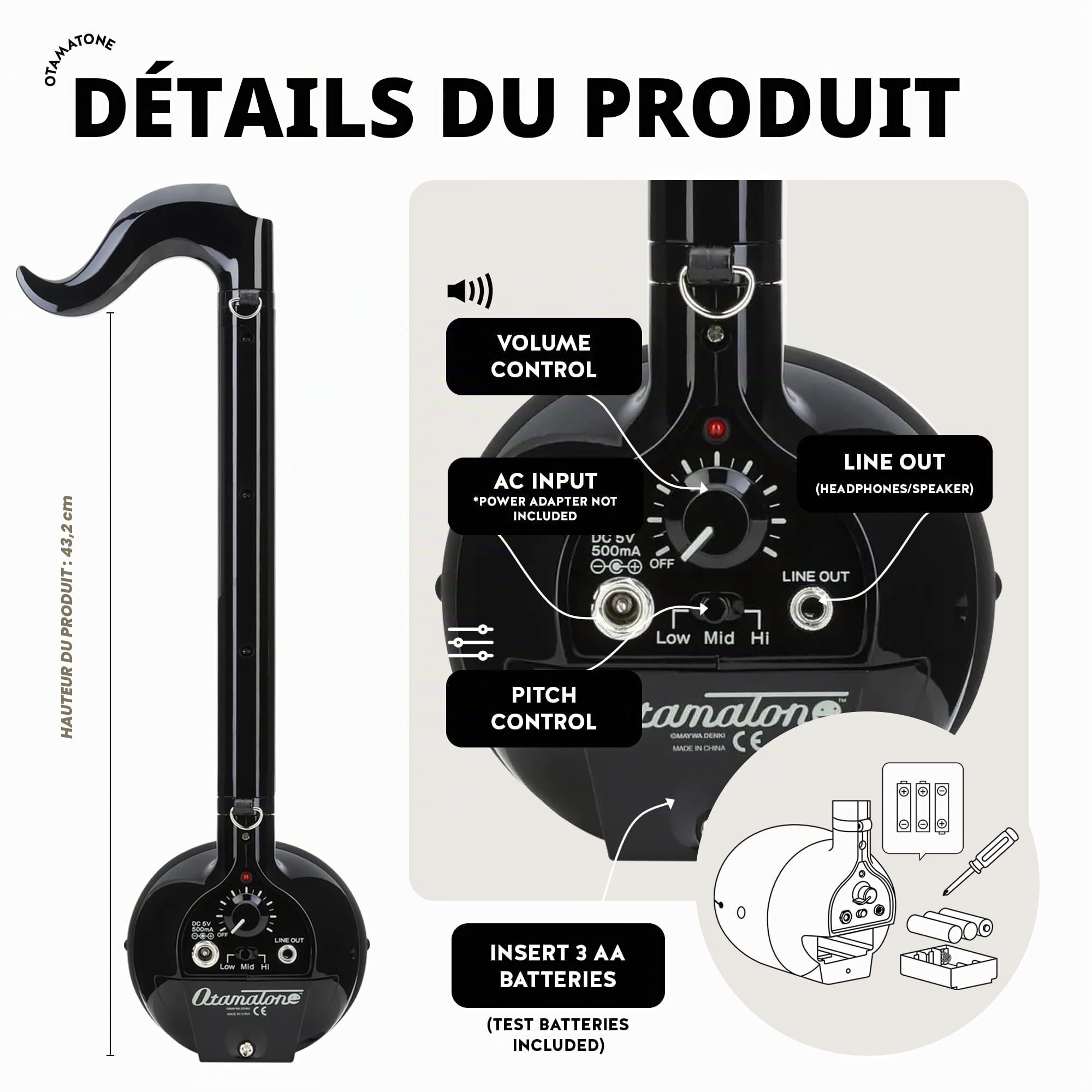 Otamatone Deluxe [Édition Anglaise] - Instrument de Musique Électronique Japonais, Synthétiseur Portable de Maywa Denki, Noir