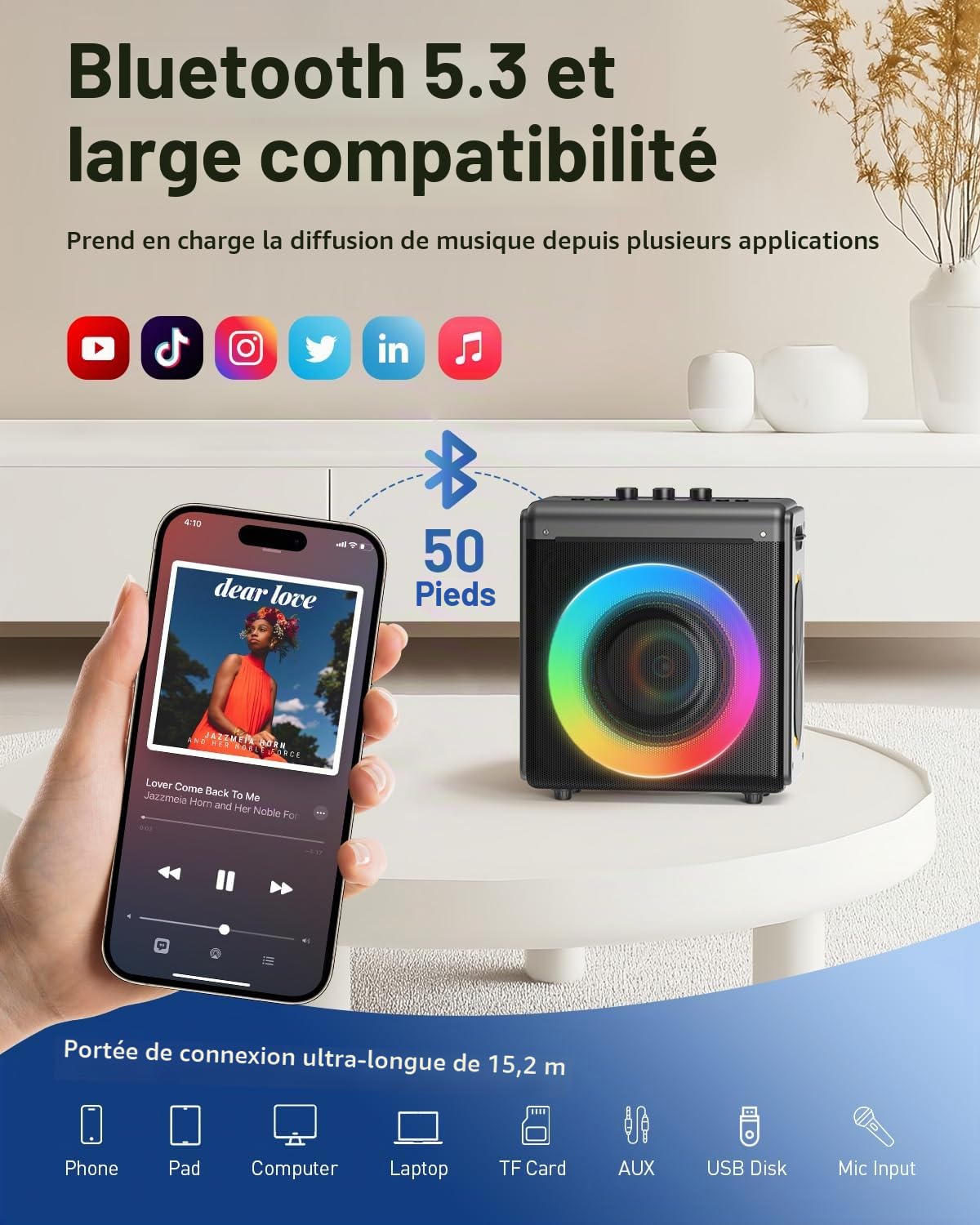 Machine de karaoké avec 2 microphones rechargeables - Enceinte Bluetooth portable pour adultes et enfants - Système PA avec effets de lumière, prend en charge TWS/carte TF/USB/AUX