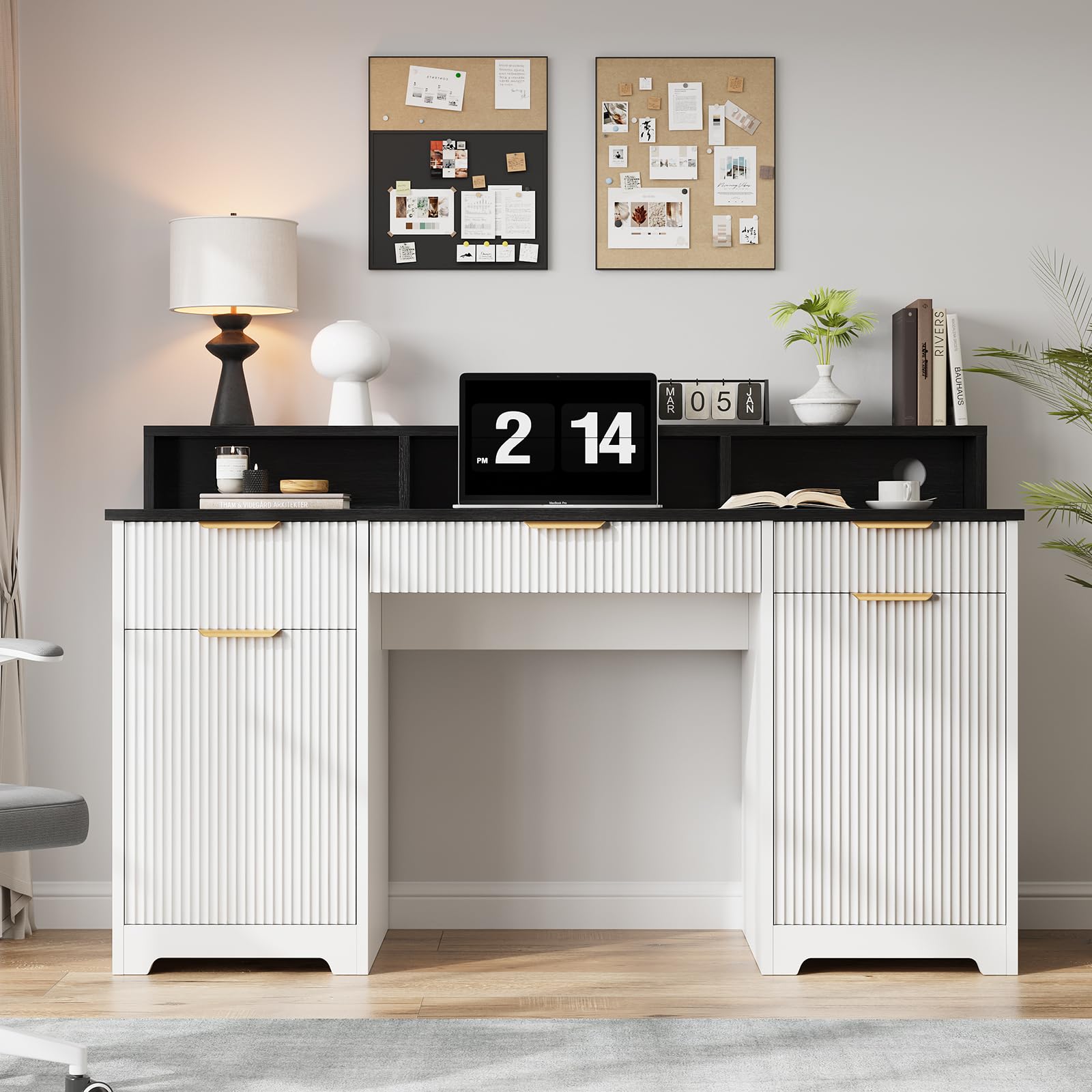 FEISHOMINOO 59" Executive Desk, Fluted Office Desk with Power Outlets Long Monitor Stand, Large Home Office Desks with 3 Drawers & 2 Storage Cabinet,