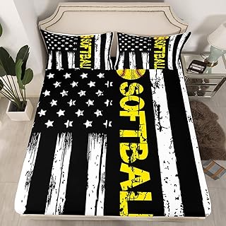 American Flag Bed Sheets,Baseball Softball Fitted Sheet Twin,White Black Striped Stars Bed Cover,Retro Style Sports Ball Game Bedding Set for Kids Boys Teens Men Bedroom DÃ©cor with 1 Pillow Case