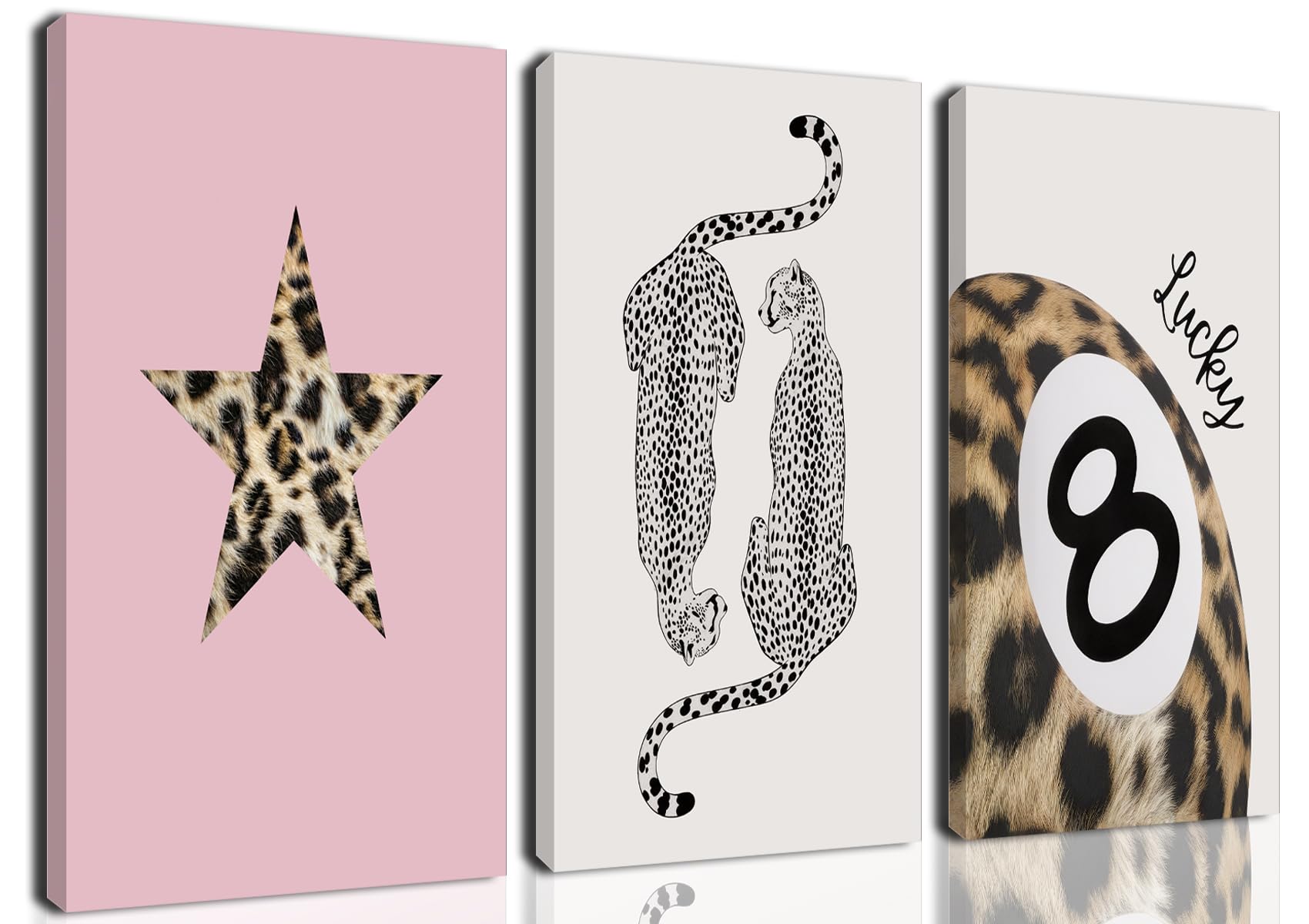 LMYSXAOZ 3pcs Funky Leopard Wall Art Cheetah Canvas Print Lucky 8 Ball Poster Trendy Preppy Me Painting Aesthetics Picture Home Decor (Pink, 12x16Inch Canvas, Wrapped Canvas)