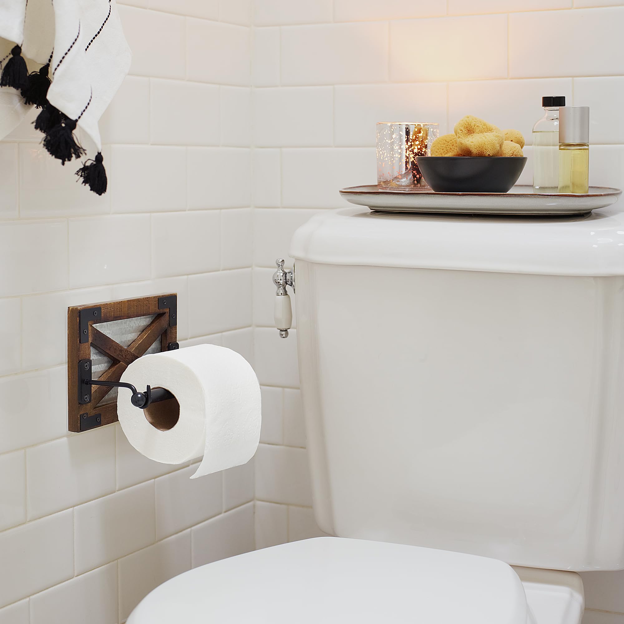 Autumn Alley Farmhouse Toilet Paper Holder with Bracket - Farmhouse Bathroom Rustic Country Decor - Rustic Bathroom Accessories Featuring Warm Brown Wood, Galvanized Metal, and Black Metal — Amazon image 8