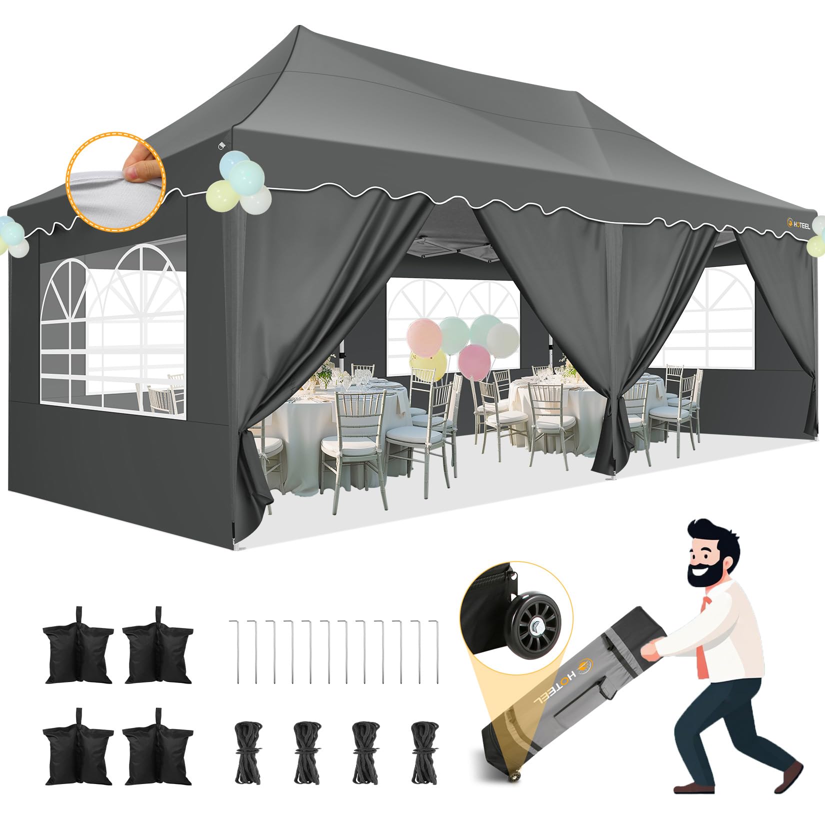 HOTEEL 3x6m Pop Up Pavillon Wasserdicht mit 6 Abnehmbaren Seitenwä Stabi lNden, Wellensaumdach Uv Anti 50+ Faltpavillon mit Radtasche und 4 SandsäCken, für Hochzeit, Party, Picknick, Markt (Grau)