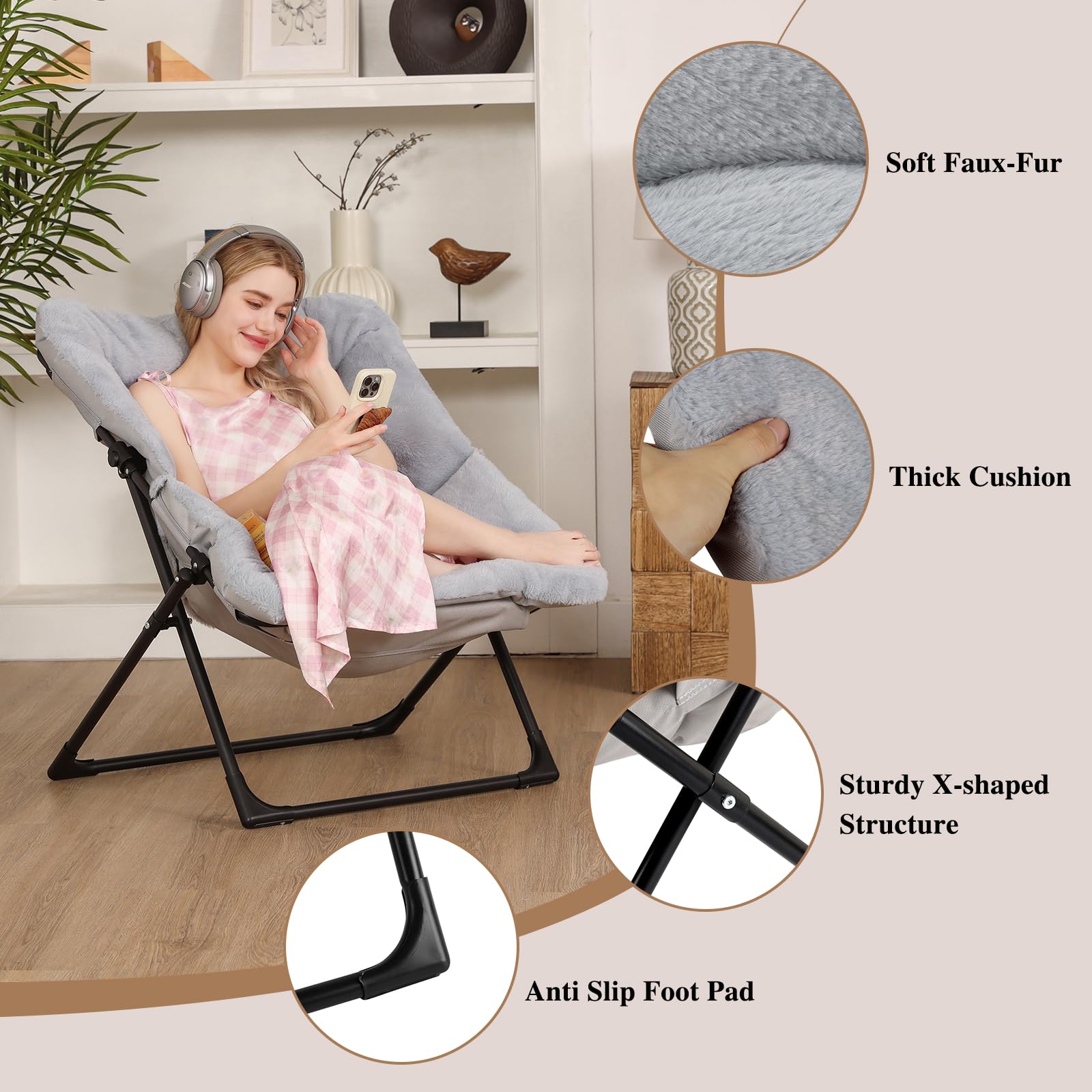 Silla platillo plegable, cómoda silla de lectura de piel sintética, silla plegable para adolescentes, adultos, silla perezosa de gran tamaño, silla de salón grande para sala de estar 5