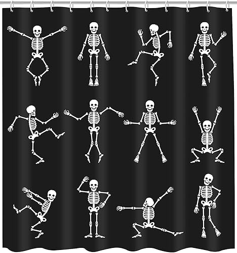 Juego de cortina de ducha con diseño de calavera de esqueleto, divertido baile de Halloween, danza, caricaturas, fiestas, vintage, con 12 ganchos,