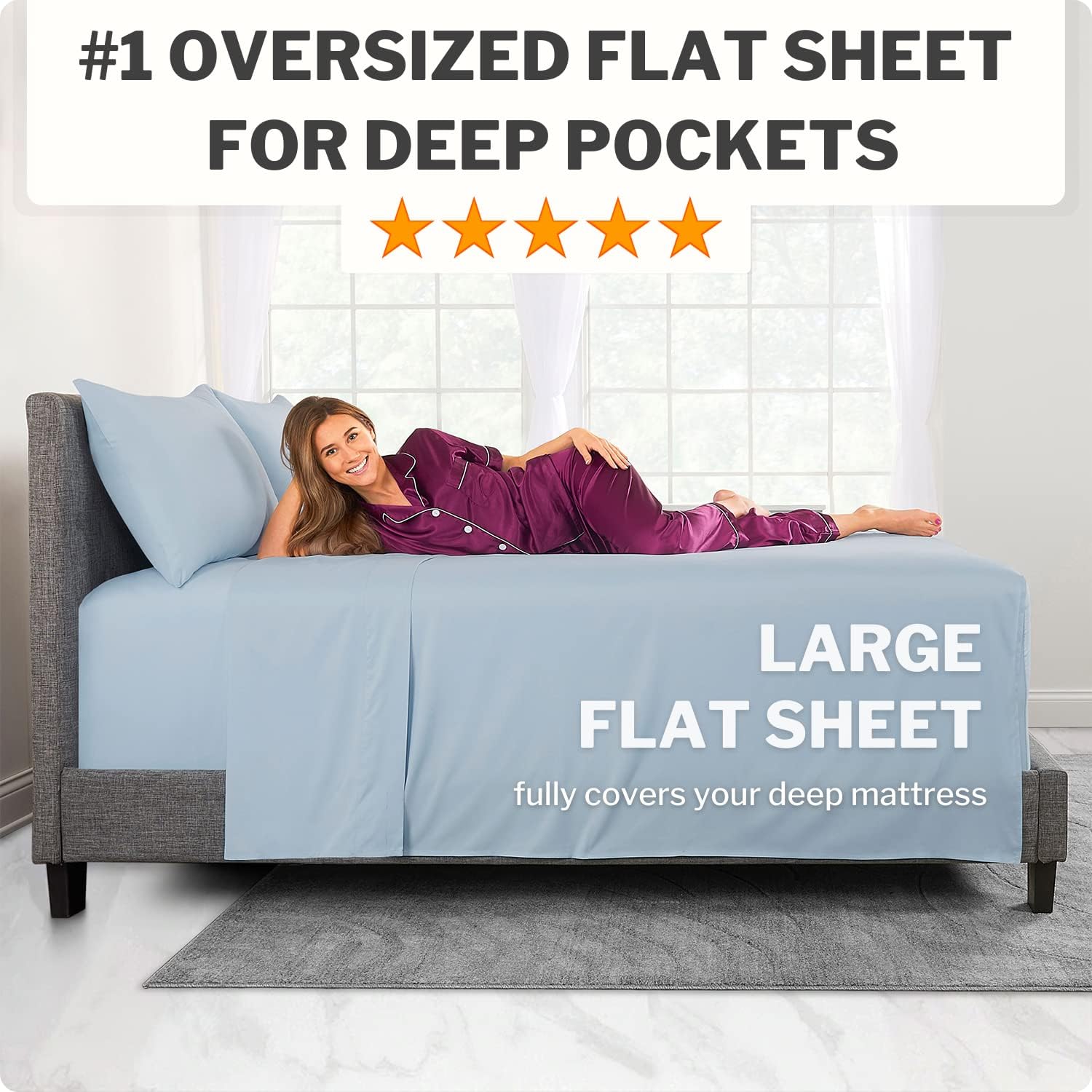 Deep Pocket King Bed Sheets – 4-Piece Includes: Real 16” Inch Extra Deep Pocket Fitted Sheet [Best-Fit for 14”-18 Mattress] – Oversize Flat Sheet – 1 Zipper Closure Pillowcase – Light Baby Blue