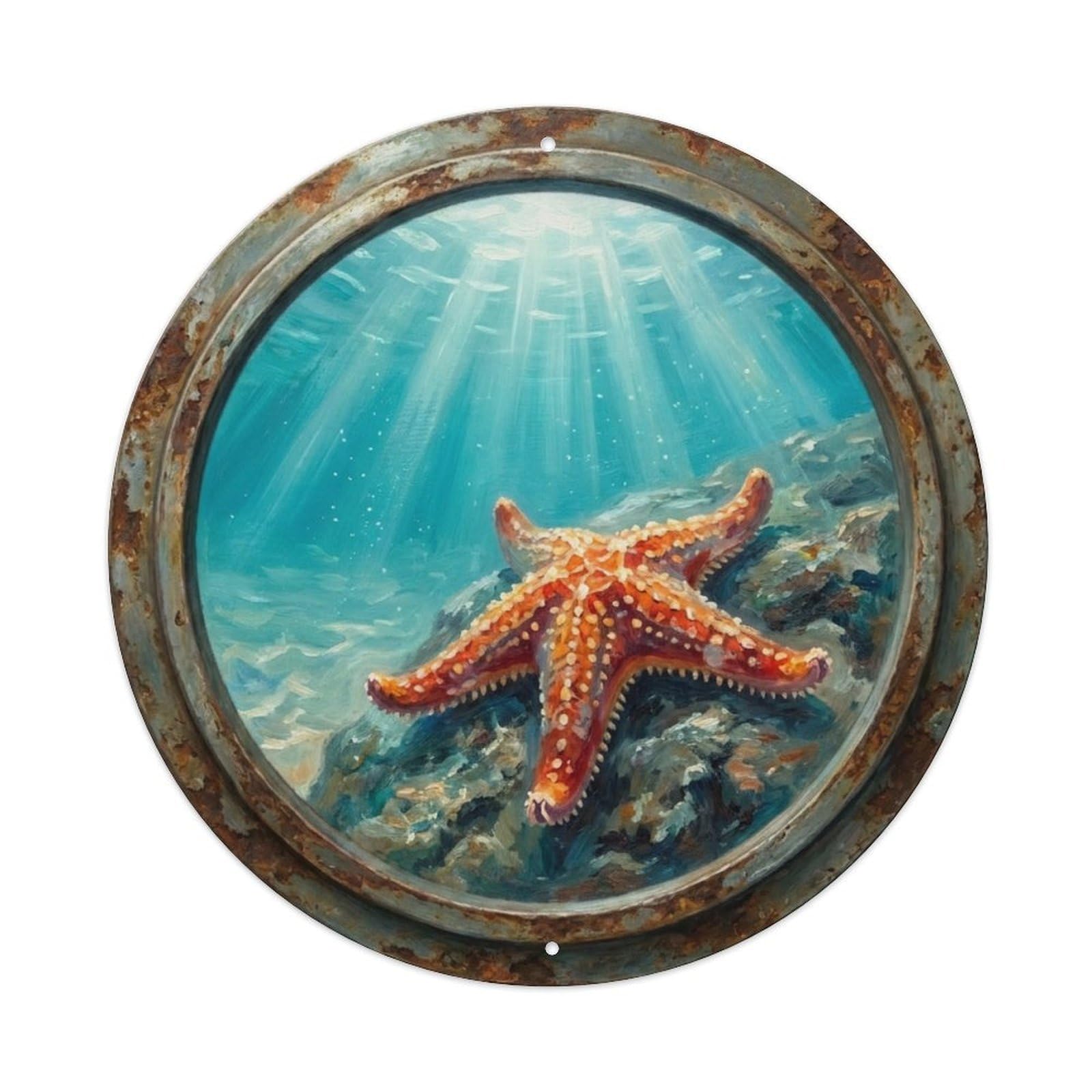 Vintage Porthole Starfish Crawl Ship Window Undersea Deep Sea Metal Tin Sign