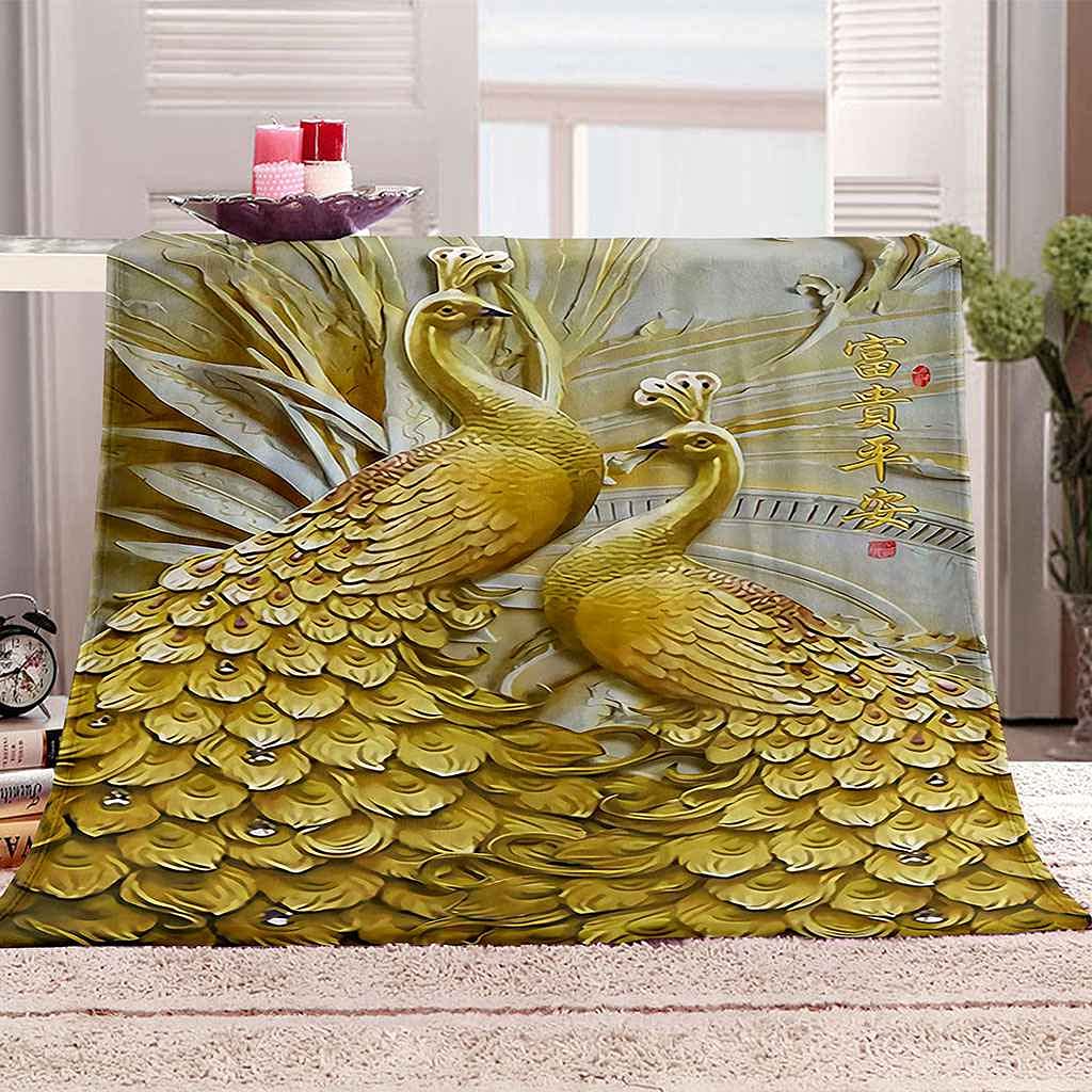 Couverture sofa 3D paon animal doré pour soirées cocooning et déplacements