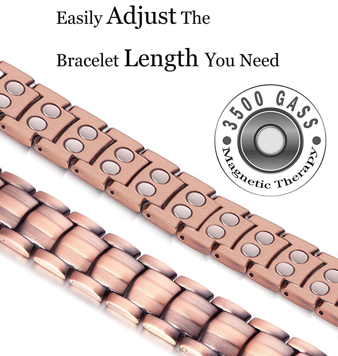 Pulseras de cobre para hombres con 46 imanes fuertes de 3500 Gauss Pulsera magnética de cobre ajustable, con herramienta de extracción y caja de regalo