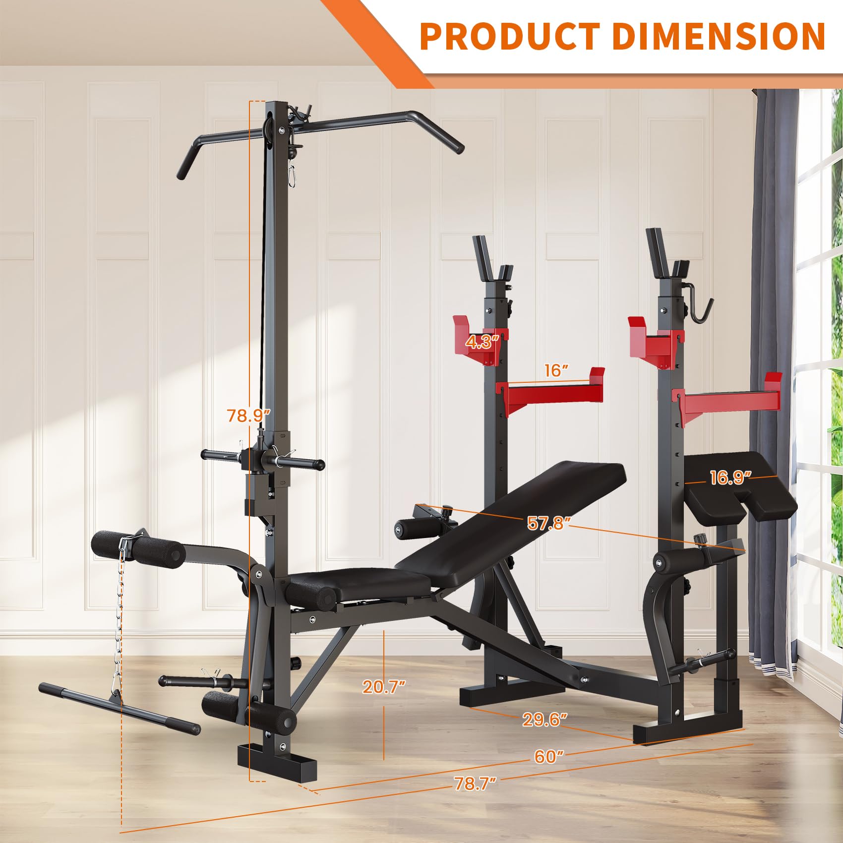 10-in-1 Adjustable Weight Bench Set, 1000 LBS Heavy Duty Multi-Function Bench Press Set with LAT Pulldown System and Squat Rack, Full-Body Strength Training Equipment for Home Gym