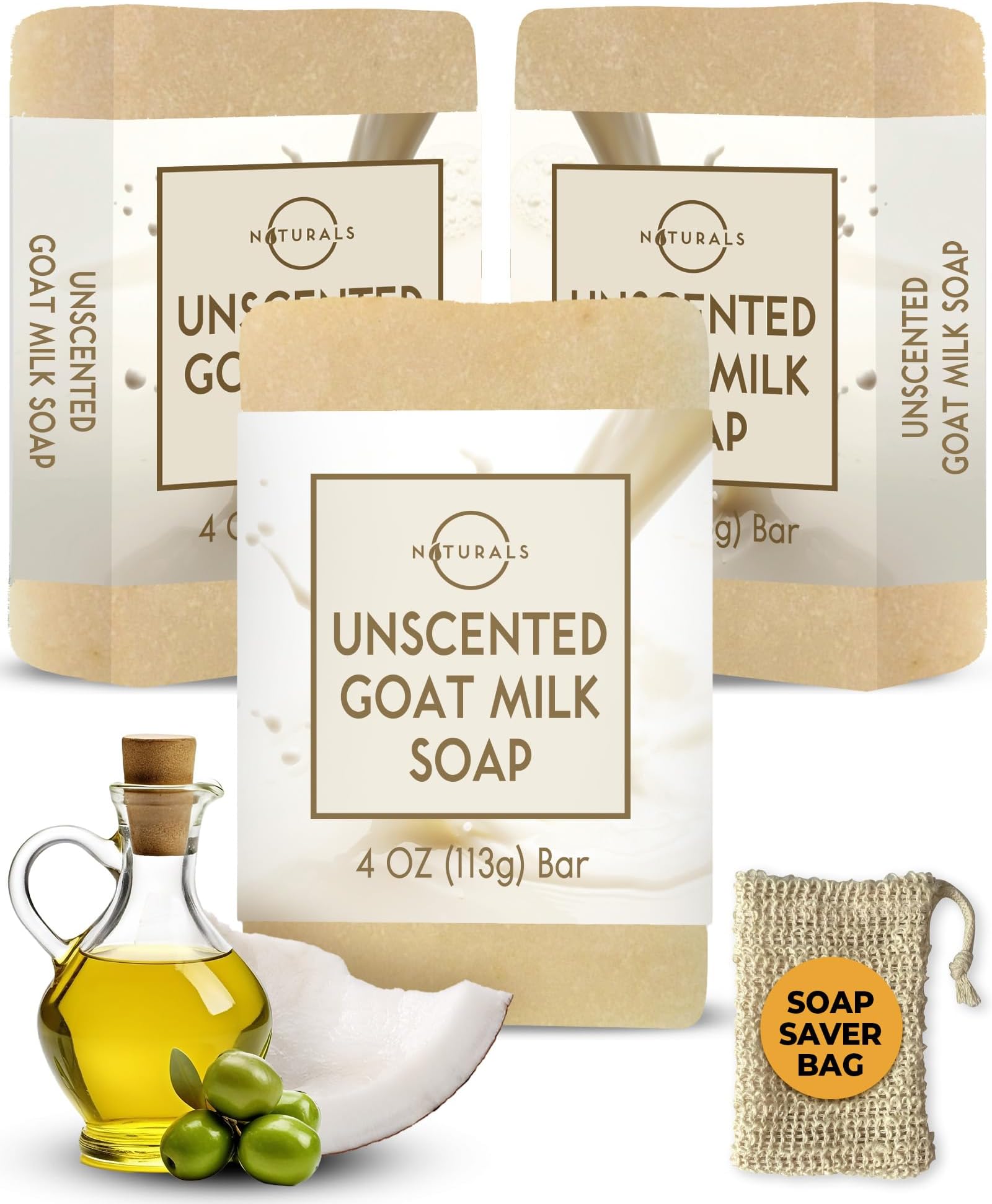 O Naturals 3-Pcs Goat Milk Soap with Soap Saver Bag - Unscented, Triple-Milled, Nourishing, for Sensitive Skin
