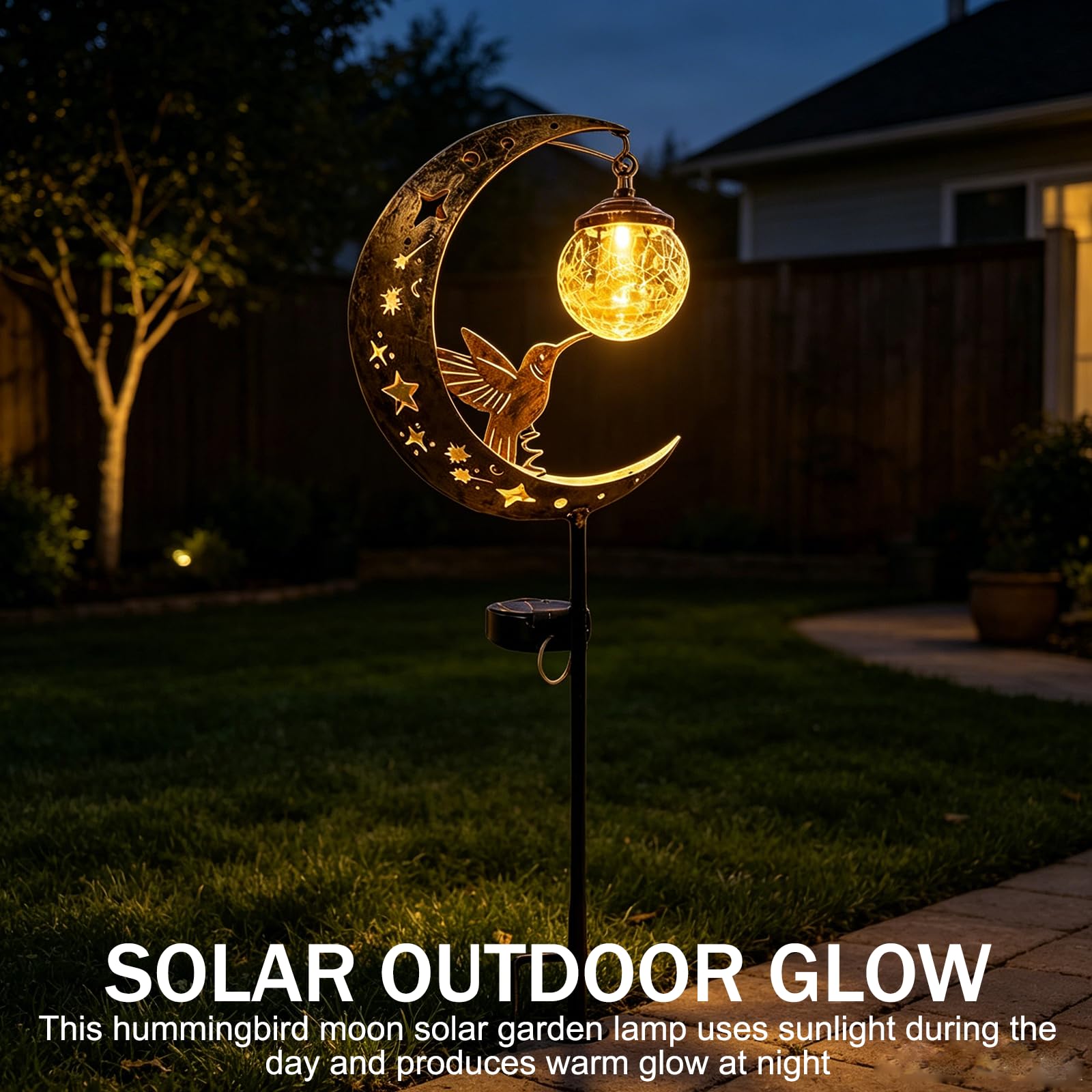 Solarlampen für Außen, Gartendeko für Draußen, Wetterfest Mond Solar Lichter mit Kolibri und Glaskugel, Schäferhaken für Braußen Gehwege Hof Terrasse Garten deko (3 Stück)