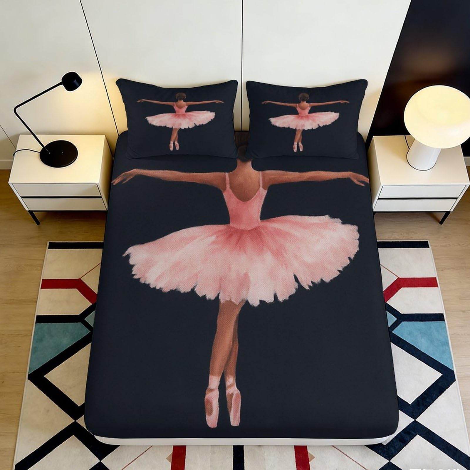 3D Printed Ballet Dancer Fitted Sheet Microfiber Soft Pink Tutu Mattress Cover for Bedroom Dorm Artistic Decor 140x200x25cm