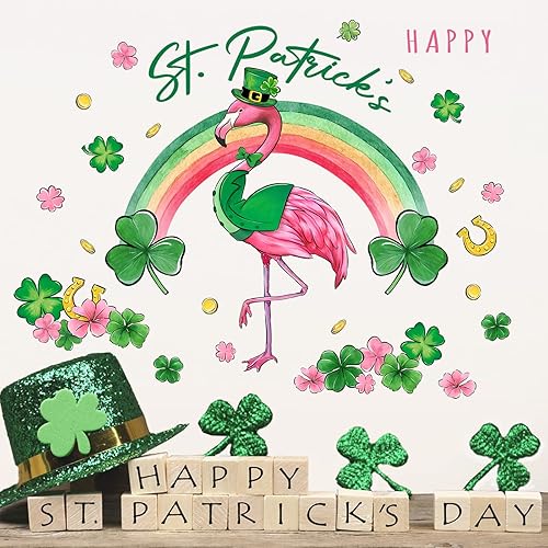 Miniatura 3 de Yovkky Calcomanías de pared de flamenco con texto en inglés "Happy St. Patrick's Day", diseño de trébol de trébol, arco iris, decoración de