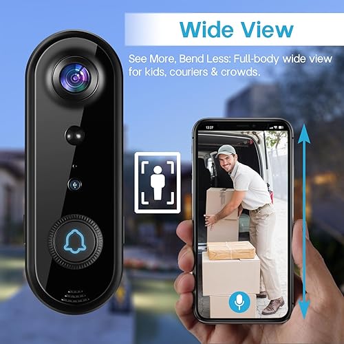 Miniatura 5 de Cámara de timbre de video inalámbrica, lente ultra gran angular para visión de cuerpo completo, detección de movimiento AI, conversación