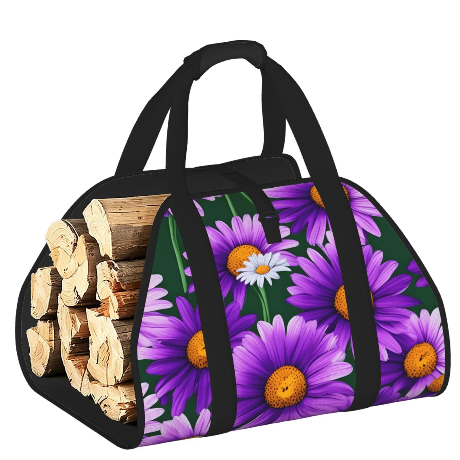 Ayyqwe Black Purple Daisy Print Firewood Bag Wood Waterproof Versatile Camping Picnic Storage Daily Home