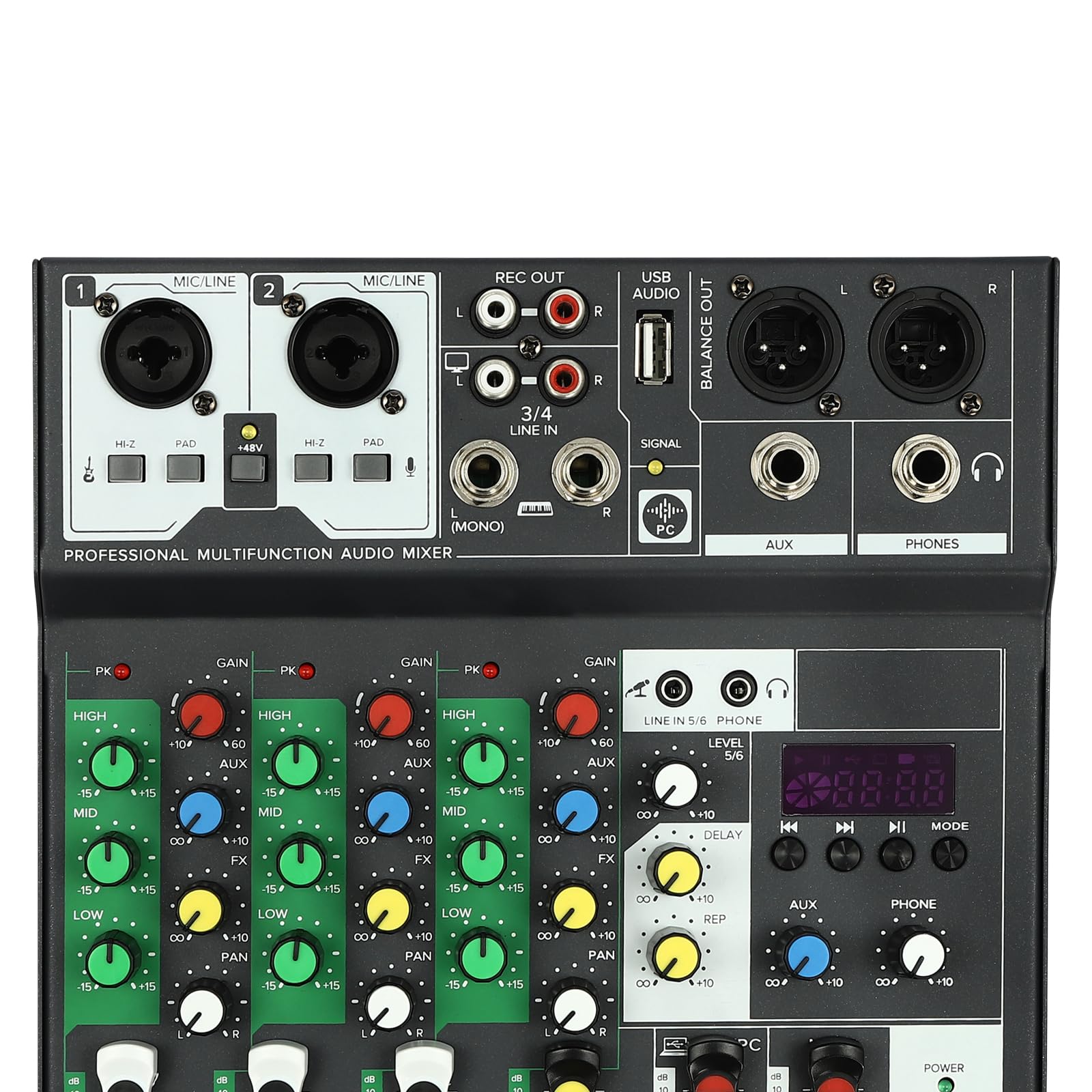 Mixer DJ a 4 canali con Bluetooth, USB e alimentazione phantom da 48 V, interfaccia audio compatta con 4 effetti sonori (High/Mid/Low/Reverb), mixer per studio domestico, spettacoli dal vivo, podcast