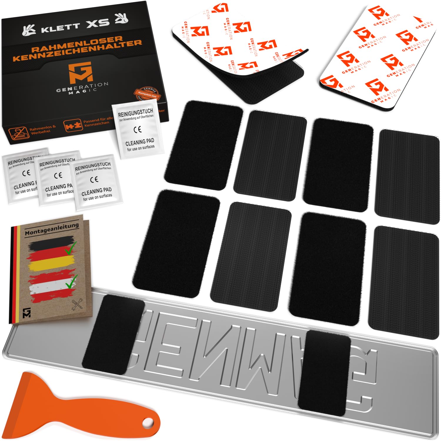 GENMAG® Klett Kennzeichenhalter Rahmenlos [Extra-Stark & Universal] Auto & Motorrad Kennzeichenhalter Klett für alle Kennzeichen | Wetterfeste rahmenlose Kennzeichenhalter Österreich & Deutschland