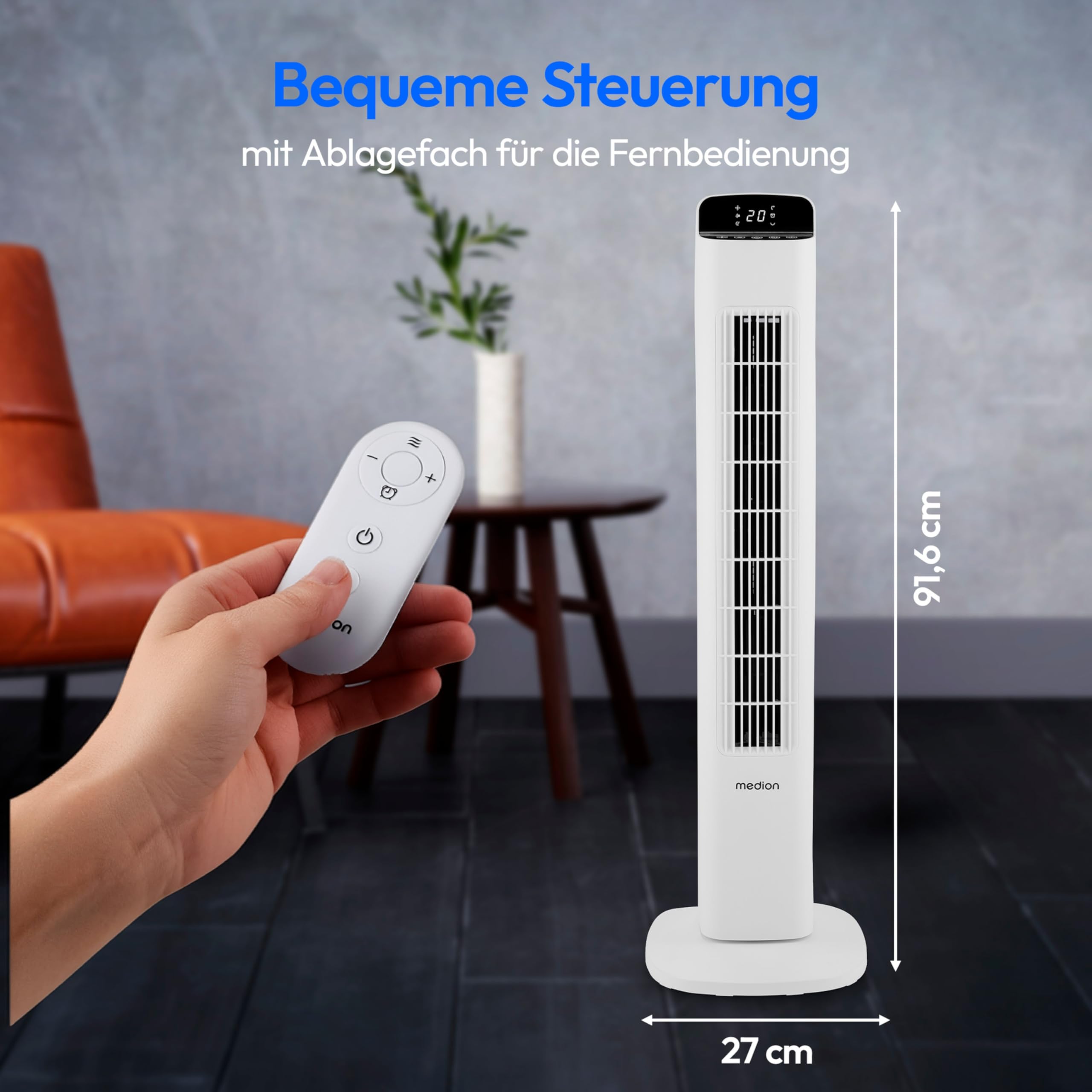 MEDION P15 TF Turmventilator mit Fernbedienung (5 Geschwindigkeitsstufen, leiser Schlafmodus, 45 Watt Leistung, Automatische 80° horizontale Oszillation, LED Display, MD10809) weiß