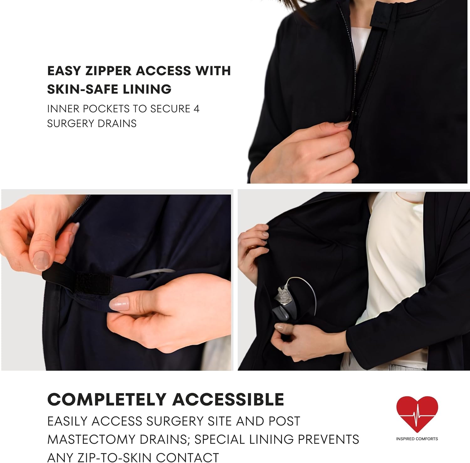 Inspired Comforts Women's Mastectomy Recovery Full Sleeves Front Open Zip Up Shirt with Drain Pockets - Image 3
