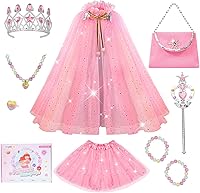 Meland Princess Cape Dress Up Set for Girls 3-8: Glitter Pink Cloak, Crown, Purse, Wand & Jewelry - Toddler Birthday Halloween Costume