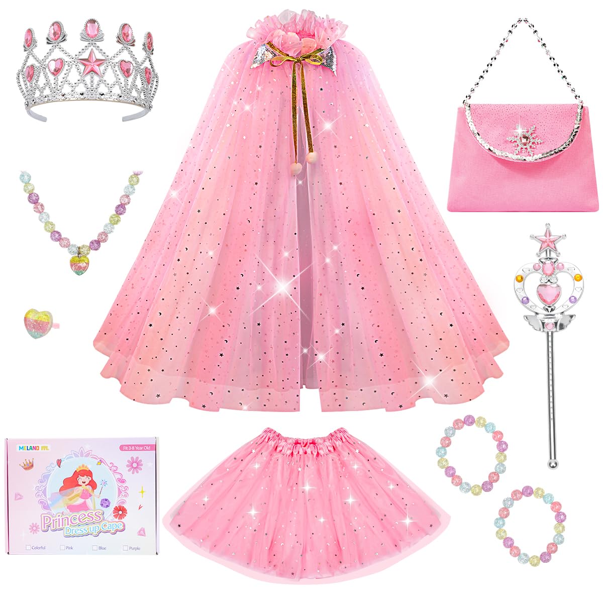 Meland Princess Dress up Clothes for Girl, Princess Cape with Kid Crown Toys, Birthday Gifts for Toddler Girls 3,4,5,6,7,8