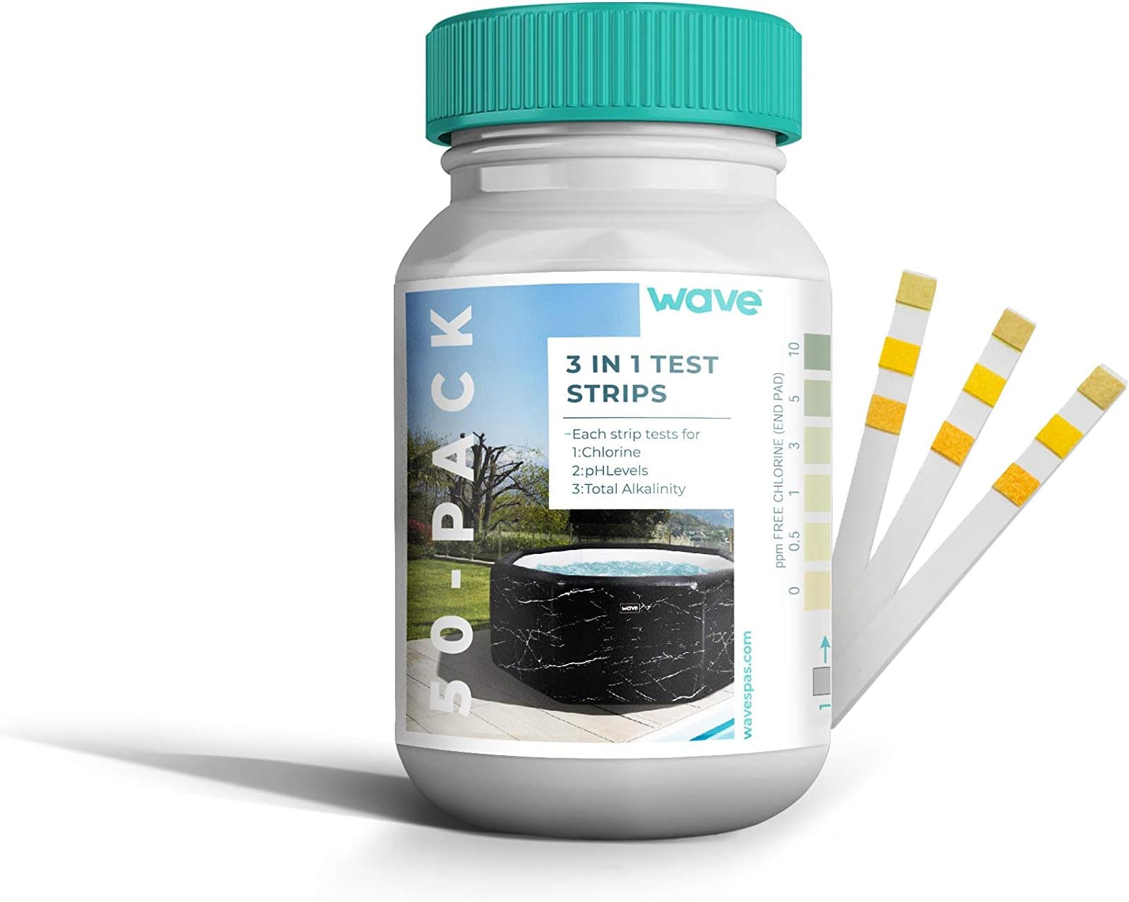 WAVE Hot Tub Test Strips 3 in 1 | Spa Test Strips/pH Strips for Hot Tub or Swimming Pool | Quick & Accurate Water Testing for Balanced, Safe, and Clear Spa Water | 50 Pack