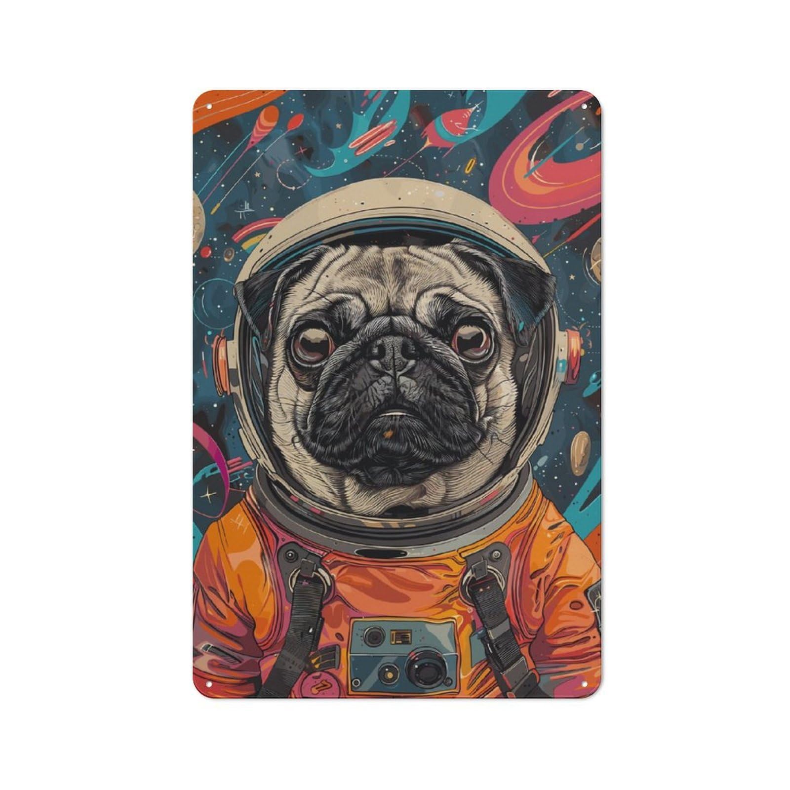 Junmoney Animal Pug Astronaut Space Shed Style Metal Wall Decor 30X20cm, Tin Sign For Conservatory, Home Bar Or Utility Room