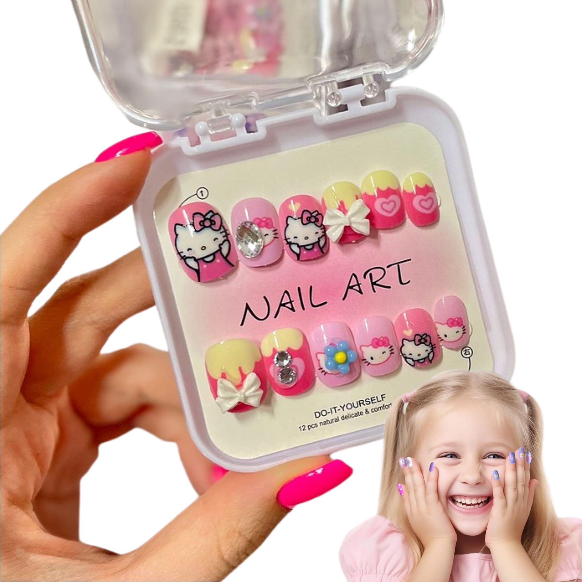 MONKEYTAIL 12 Pcs Press-On Nails for Kids – DIY 3D Cute Cartoon Nail Art Kit – Assorted Kawaii Designs with Bows, Rhinestones & Characters – Pre-Glued Artistic False Nails as Birthday Gift for Girls-image-3