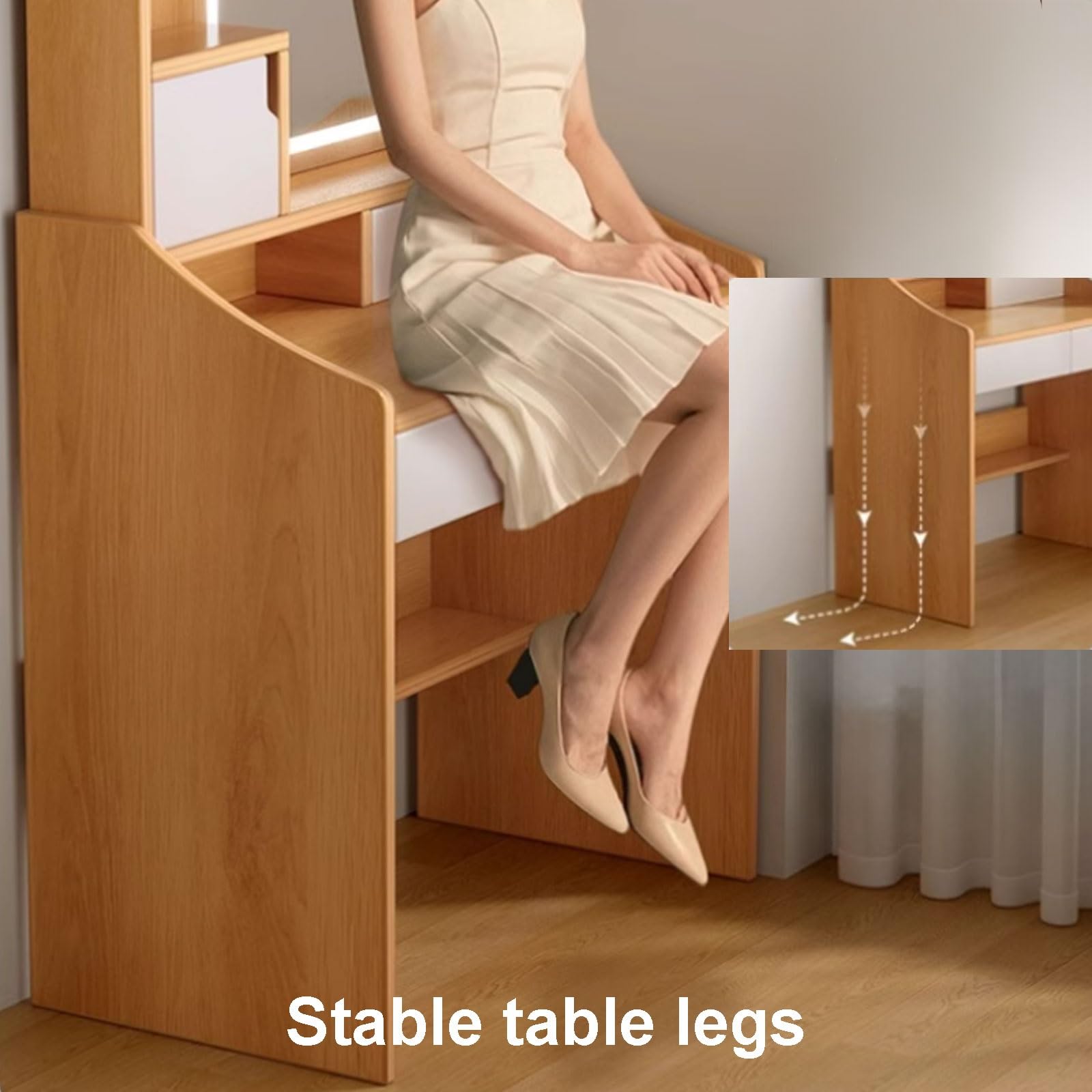 Petite Coiffeuse avec Rangement, Coiffeuse LED avec Tabouret, Meuble Coiffeuse Rangement, Coiffeuse d Angle Blanche Naturel Bois D'ingénierie(Natural)