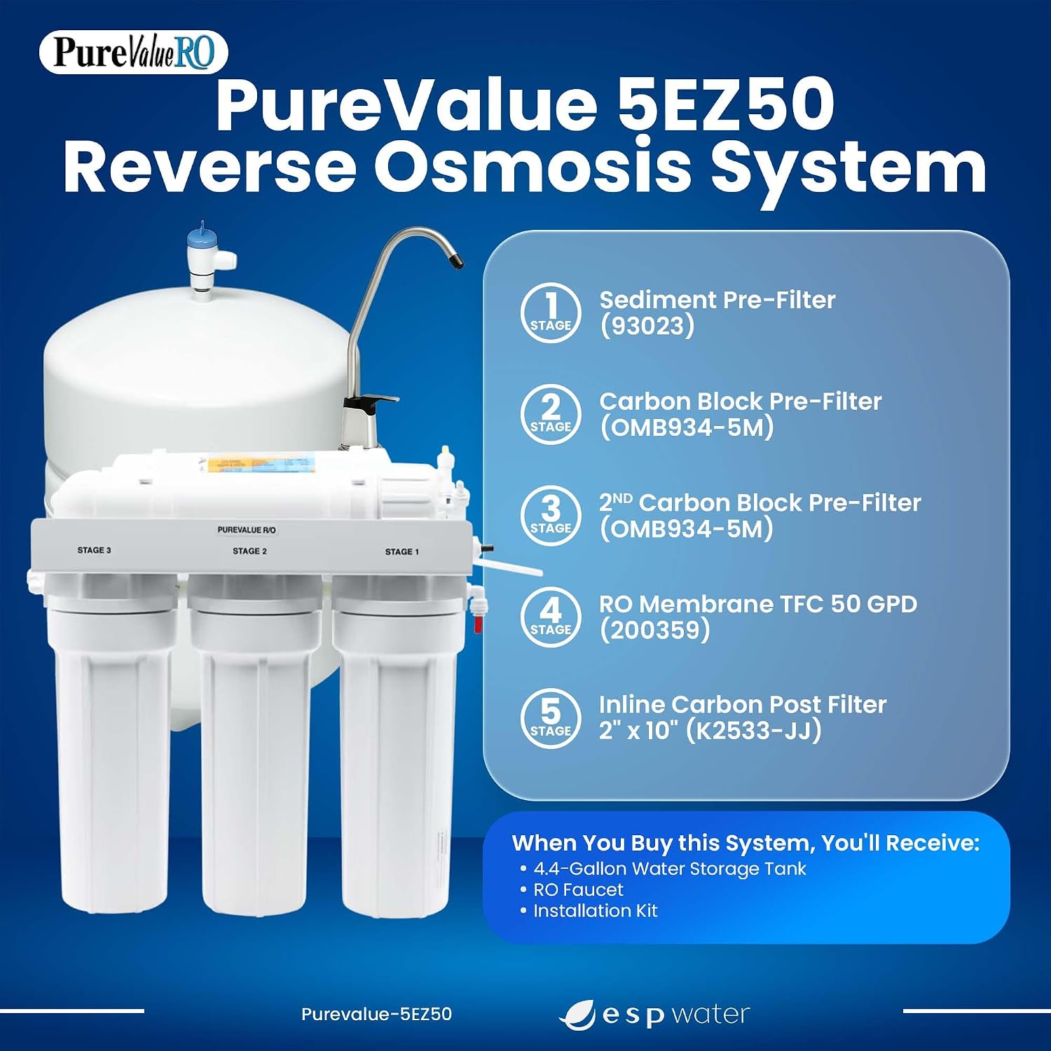 PureValue 5EZ50 Reverse Osmosis System - 5-Stage RO Water Filtration System for Under Sink Filter, 50 GPD RO Drinking Water with Dual Carbon Block, Reduces Chlorine, Includes Installation Kit