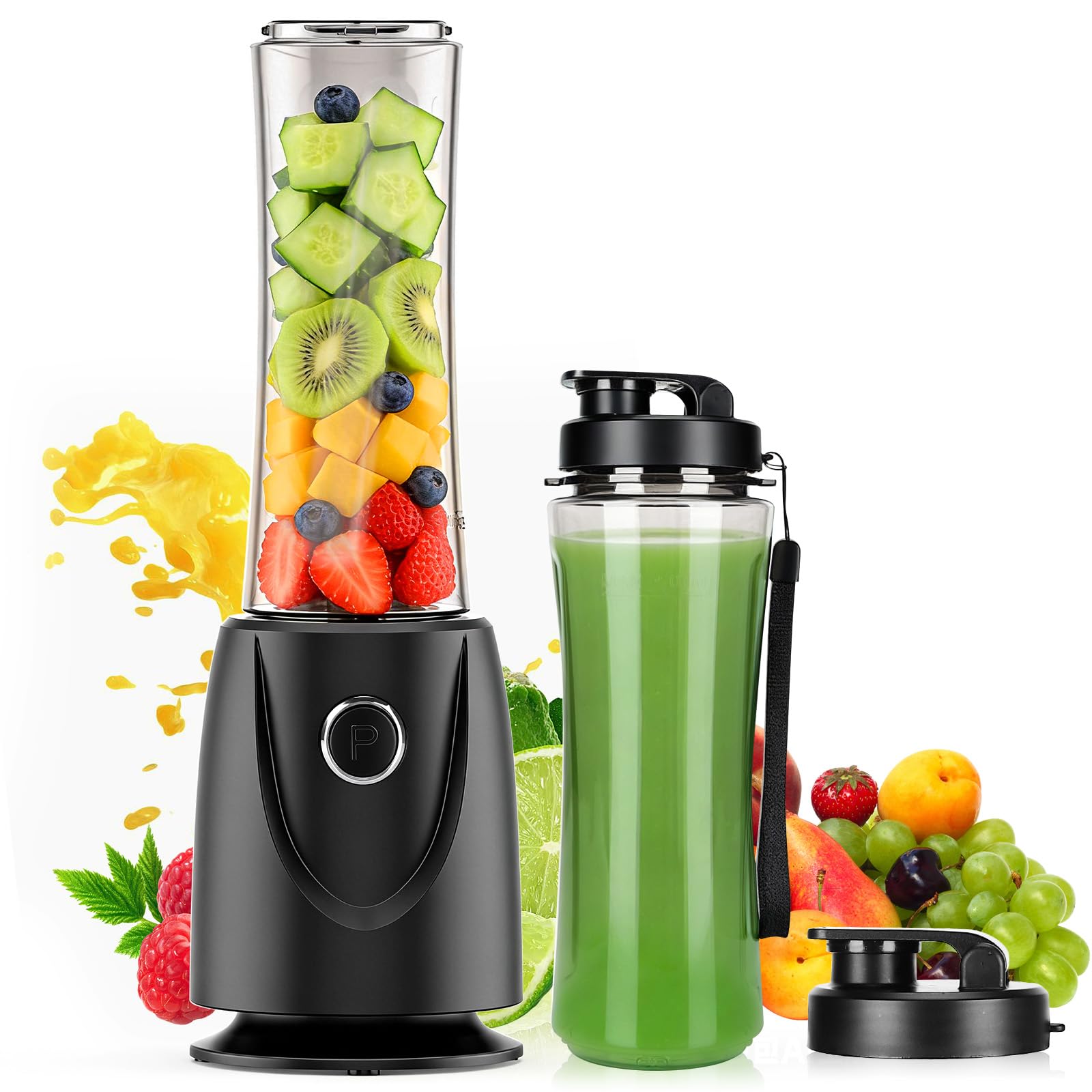 OMMO Batidora de Vaso, 500W Batidora Smoothies con 2 Botellas Tritan de 500 ml Libre de BPA, Mini Licuadora Portatil para Zumos, Batidos, Verduras, Frutas, Fácil de Limpiar, Negro