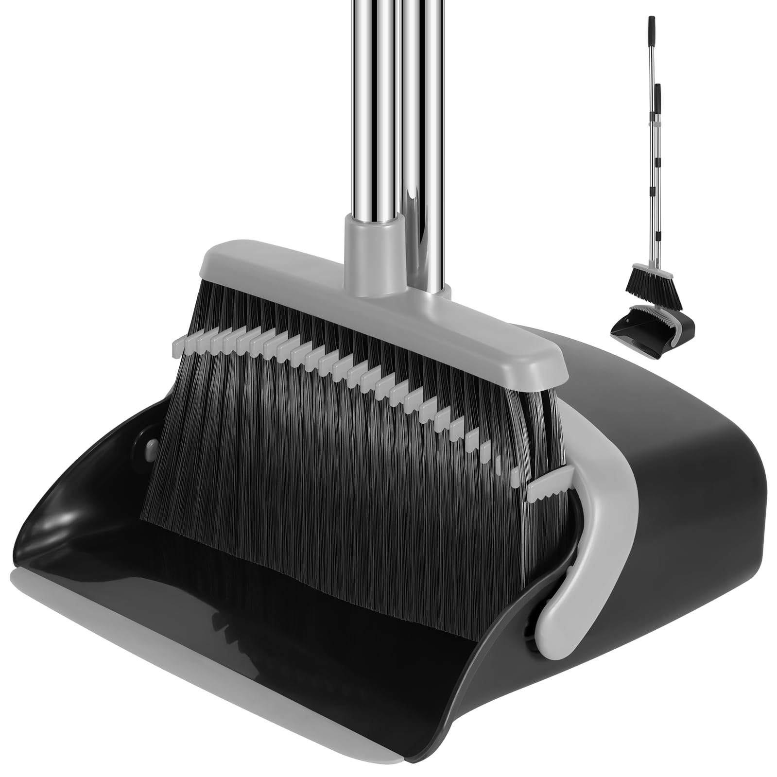 NACENA Broom and Dustpan Set with 52-in Long Adjustable Handle, Black Grey