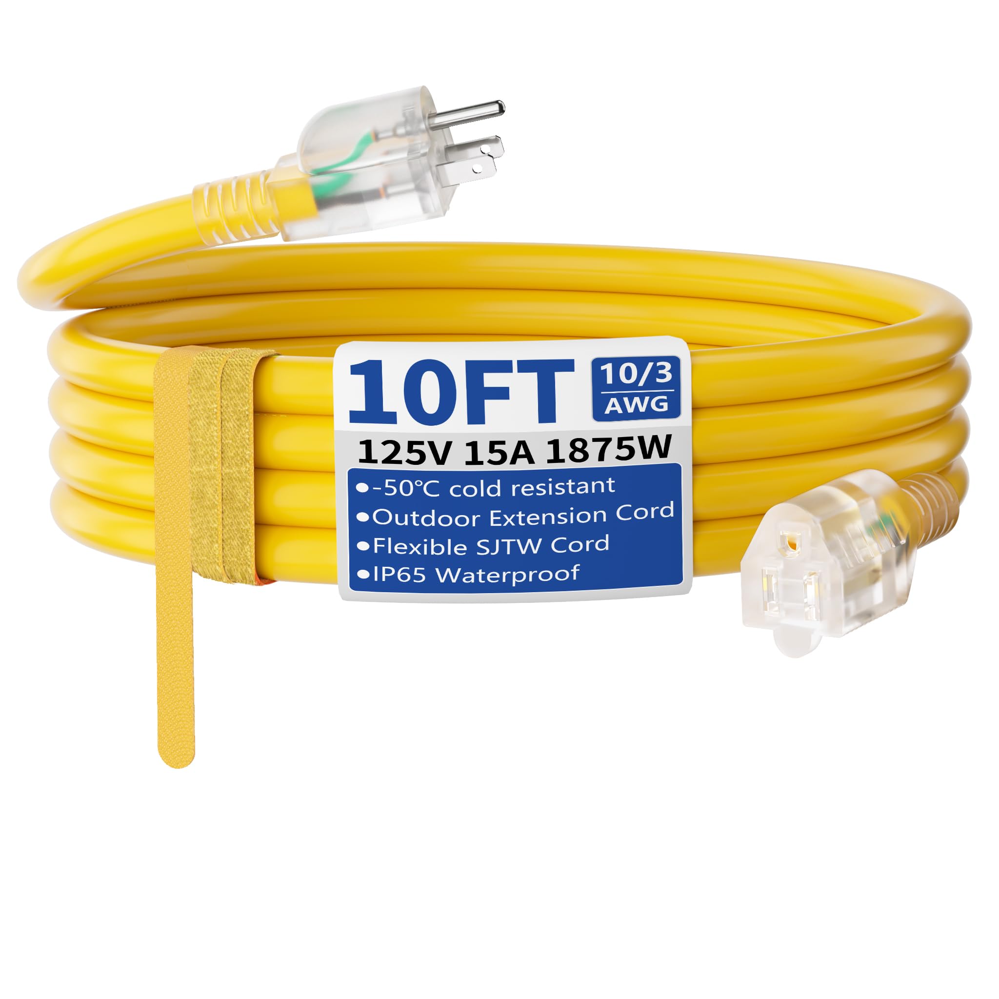 cismorvex 10ft Outdoor/Indoor Extension Cord with Lighted 10/3 Gauge Yellow | 3 Prong, Heavy Duty, SJTW, Waterproof, Flexible Cold-Resistant extension cord for Home, Work or Construction, 15A 125V 187