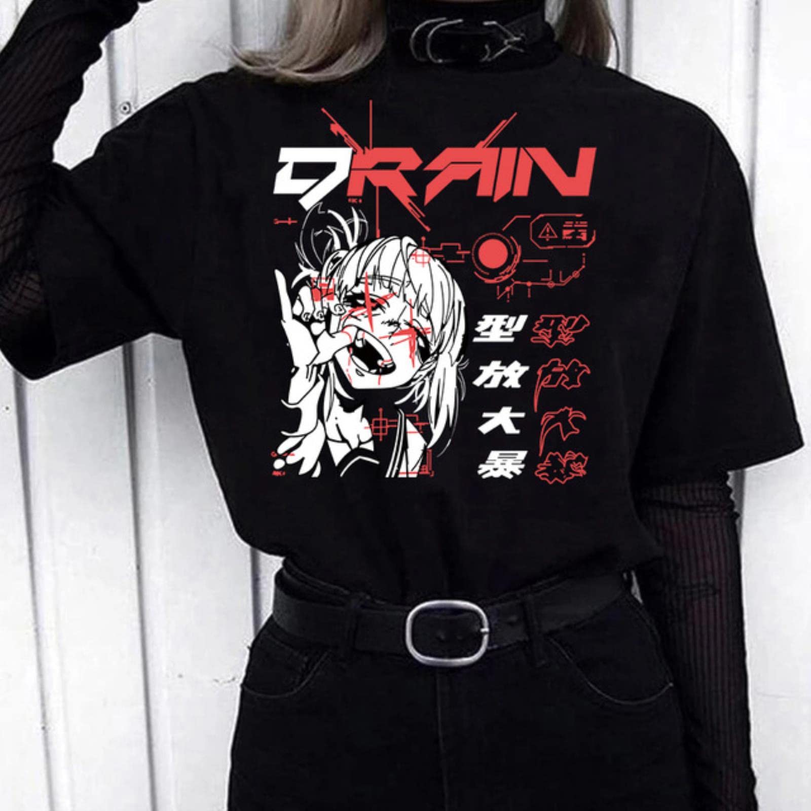 Wdhybwcx Women's 2250 Goth Anime Tshirt Tee Aesthetic T-Shirt Punk Grunge Streetwear Gothic Top Manga T Shirt Clothes -,M
