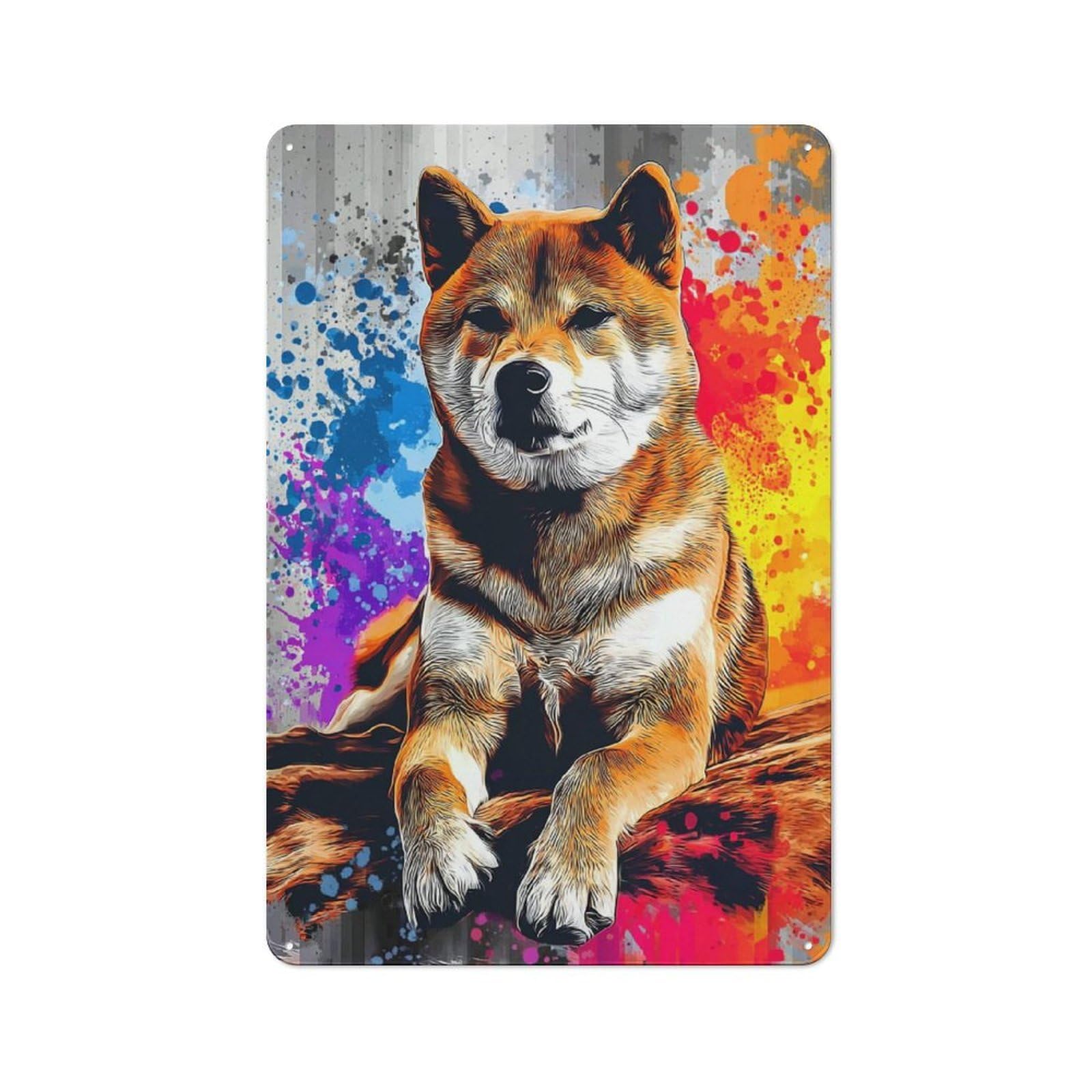 Metal Wall Plaque with Colorful Shiba Inu Art Print Design 30x20cm, Retro Small Space Decor for Flat, Dorm Room, Lounge Or Cafe