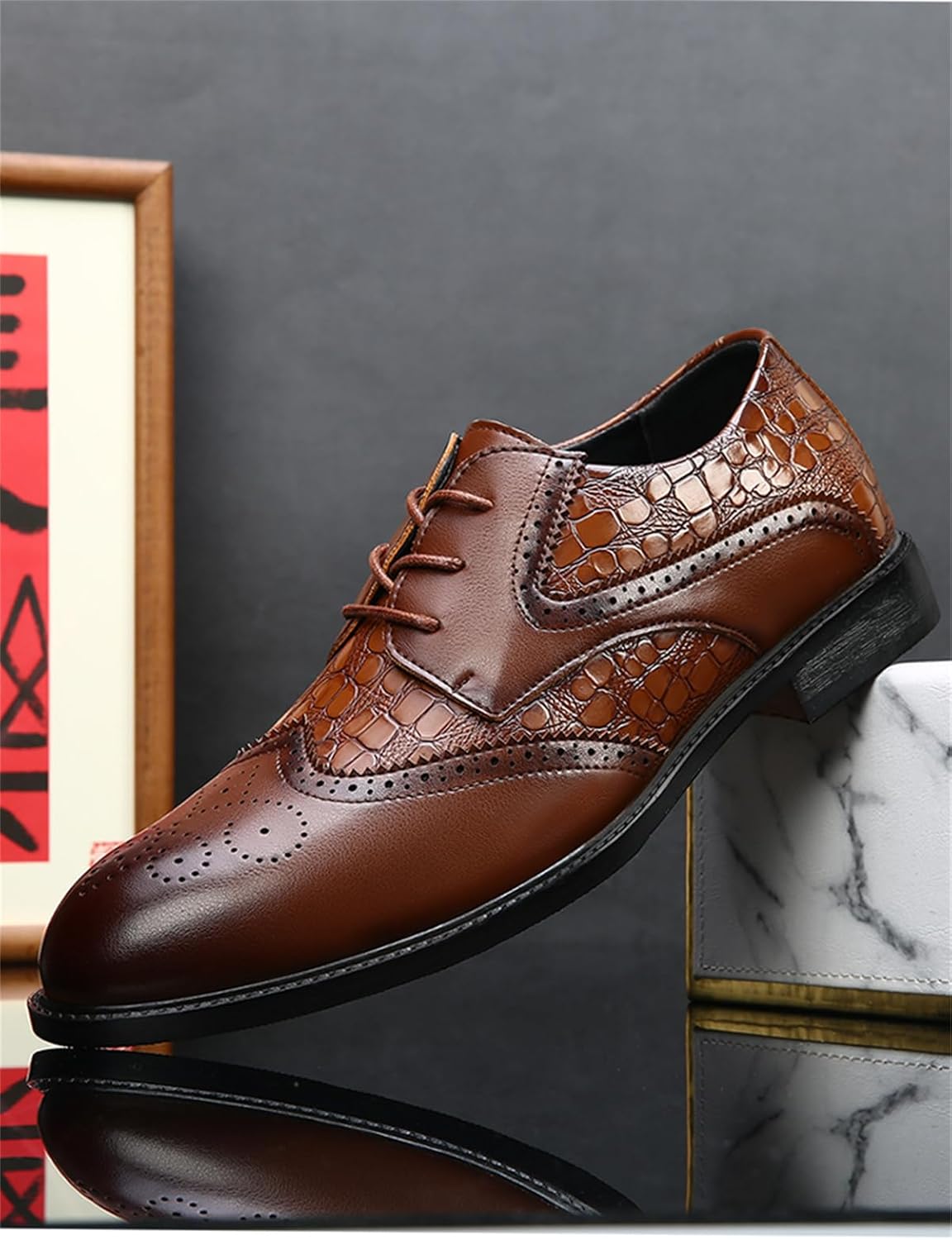 Men's Crocodile Print Wingtip Dress Shoes Formal Business Oxford for Men Retro Brogue Derby Shoes - Image 2