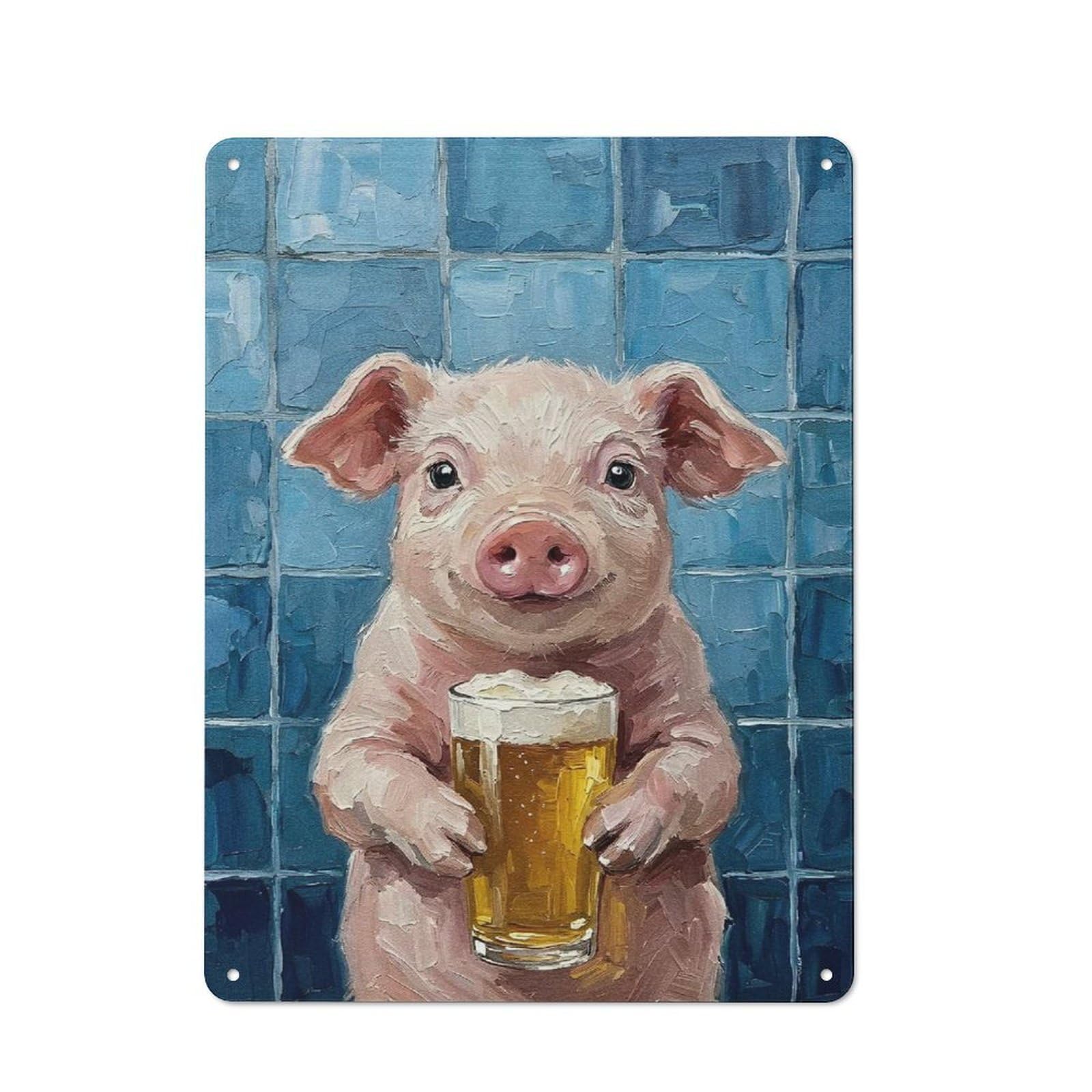 Retro Metal Wall Sign 40x30cm with Pig with Beer Painting for Hallway Wall, Suited to Hallway Decor Lovers