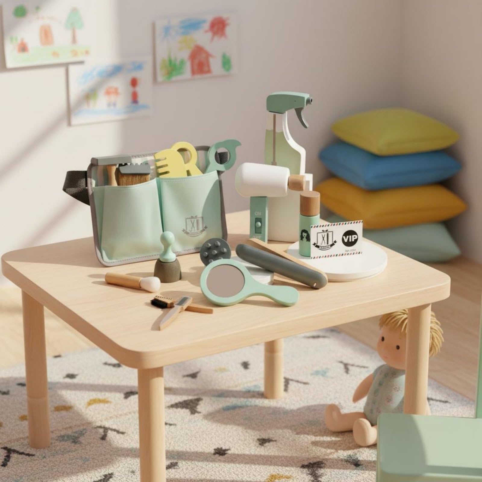 Set Parrucchiere Bambini Gioco Kit Capelli Forbici Finte Pettine Spruzzino Interruttore Mobile Legno Naturale con Borsa Organizer E Cintura Adatto a Gioco di Ruolo Compleanno Scuola Casa