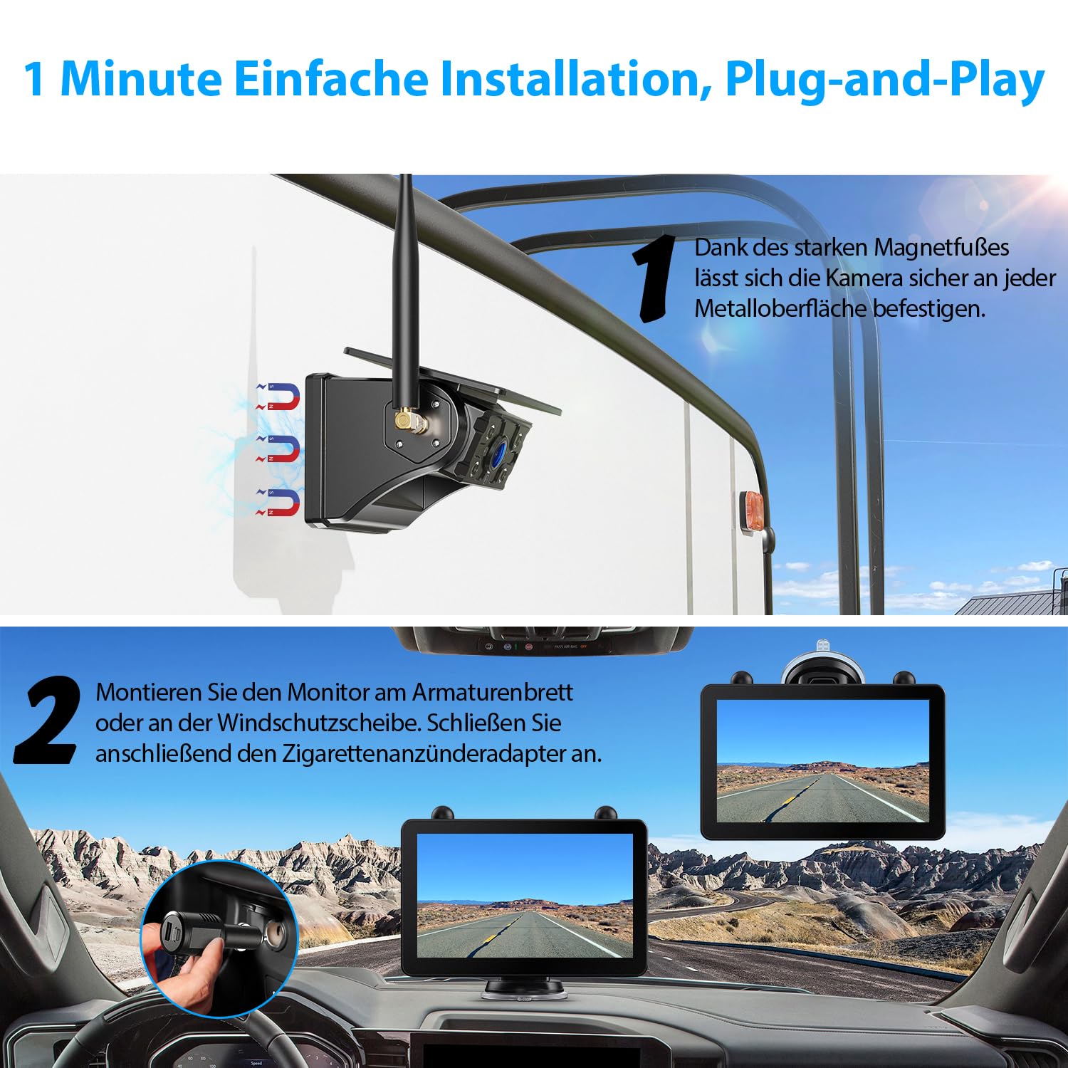 Rückfahrkamera Kabellos Solar Magnetisch 7" 1080P Touchscreen IPS Monitor 12000mAh Akku IP69K Wasserdicht für Wohnmobile Anhänger LKWs