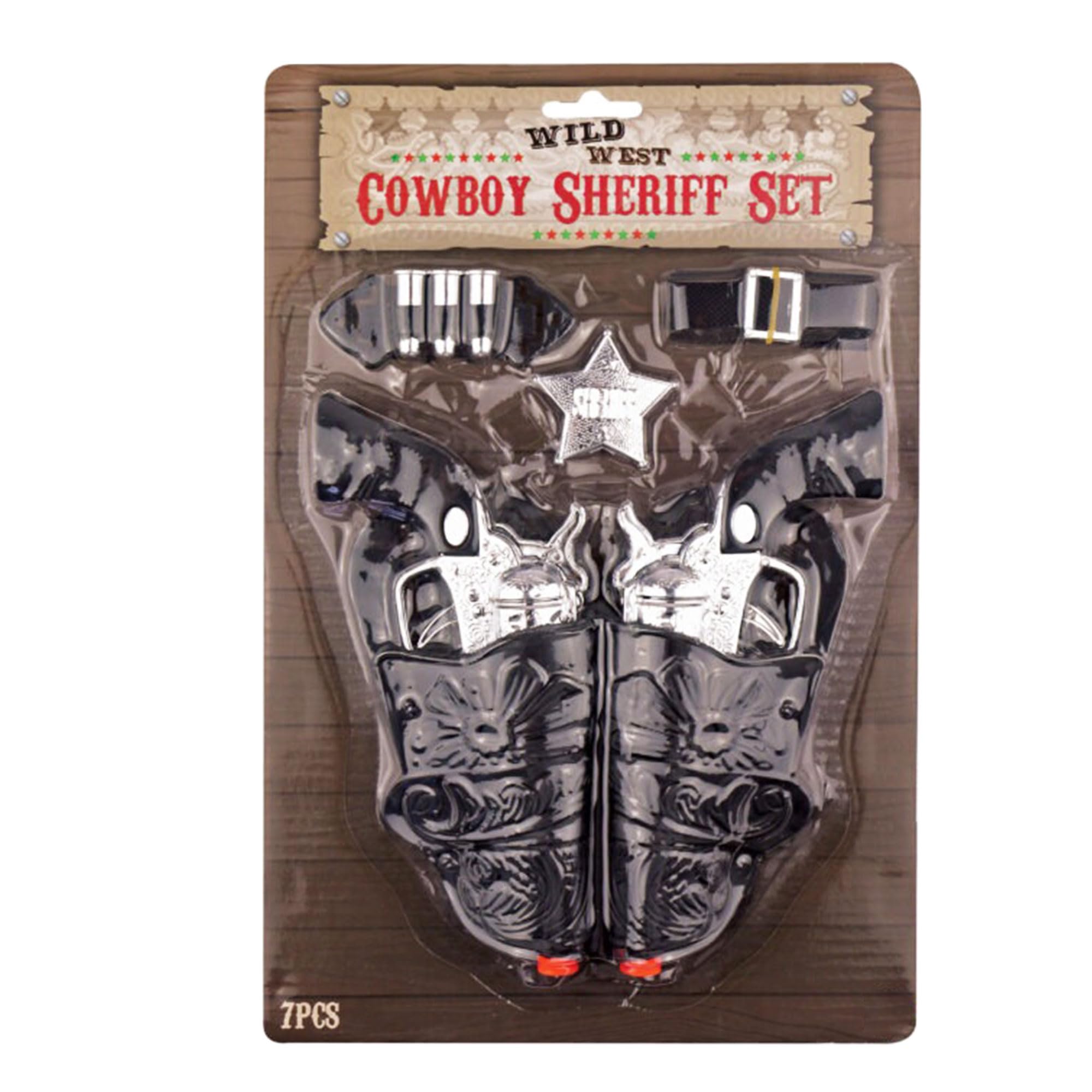 Lizzy Adult Cowboy Sheriff Costume Accessory Set – 7 Piece Wild West Fancy Dress Kit with 2 Silver Toy Pistols, Holsters, Sheriff Badge, Belt & Bullets for Western, Halloween & Themed Parties