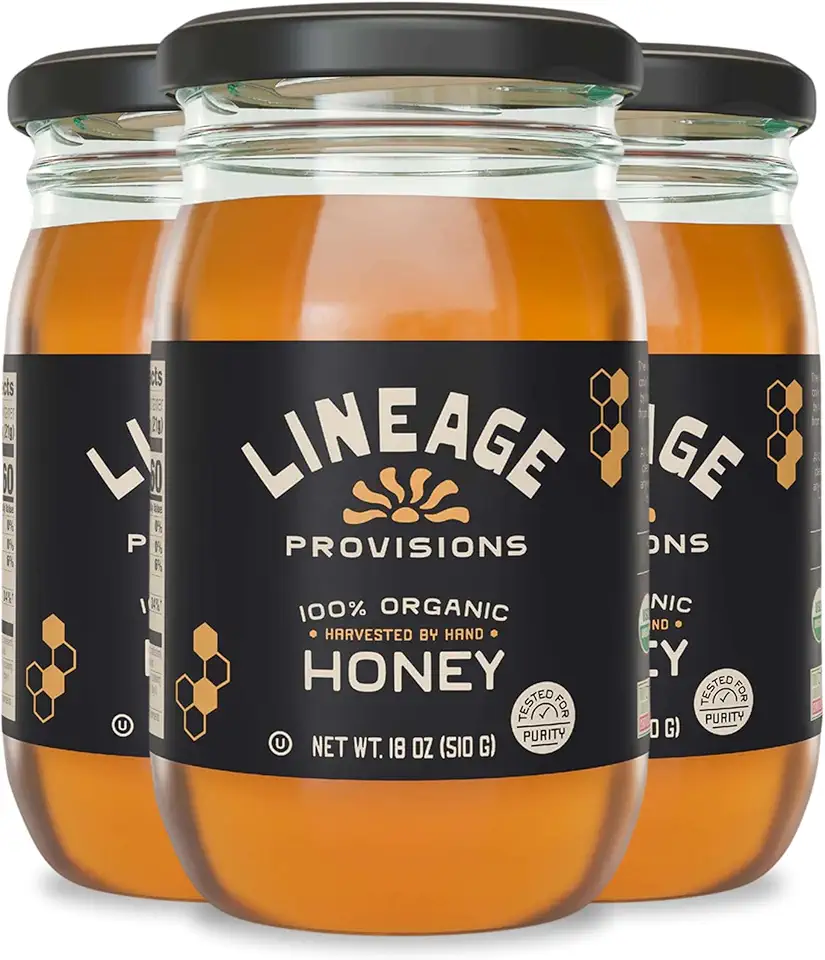 Lineage Provisions 100% Organic Raw Unfiltered Honey – 3-Pack (18 oz Glass Jars) – Undetectable Glyphosate, Chemical-Free, Gluten-Free &amp; Non-GMO – Undergoes no heating, processing, straining, or a