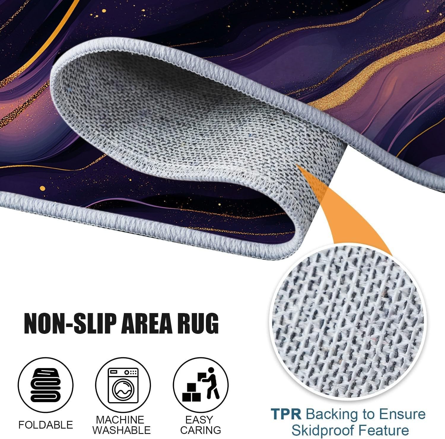 Lavabile in Lavatrice Tappeto per Soggiorno Camera da Letto Ufficio Decorazione 120 x 180 cm, Arte Digitale Texture Marmo Vortici Tema Flanella Tappeti con Supporto Antiscivolo, Viola
