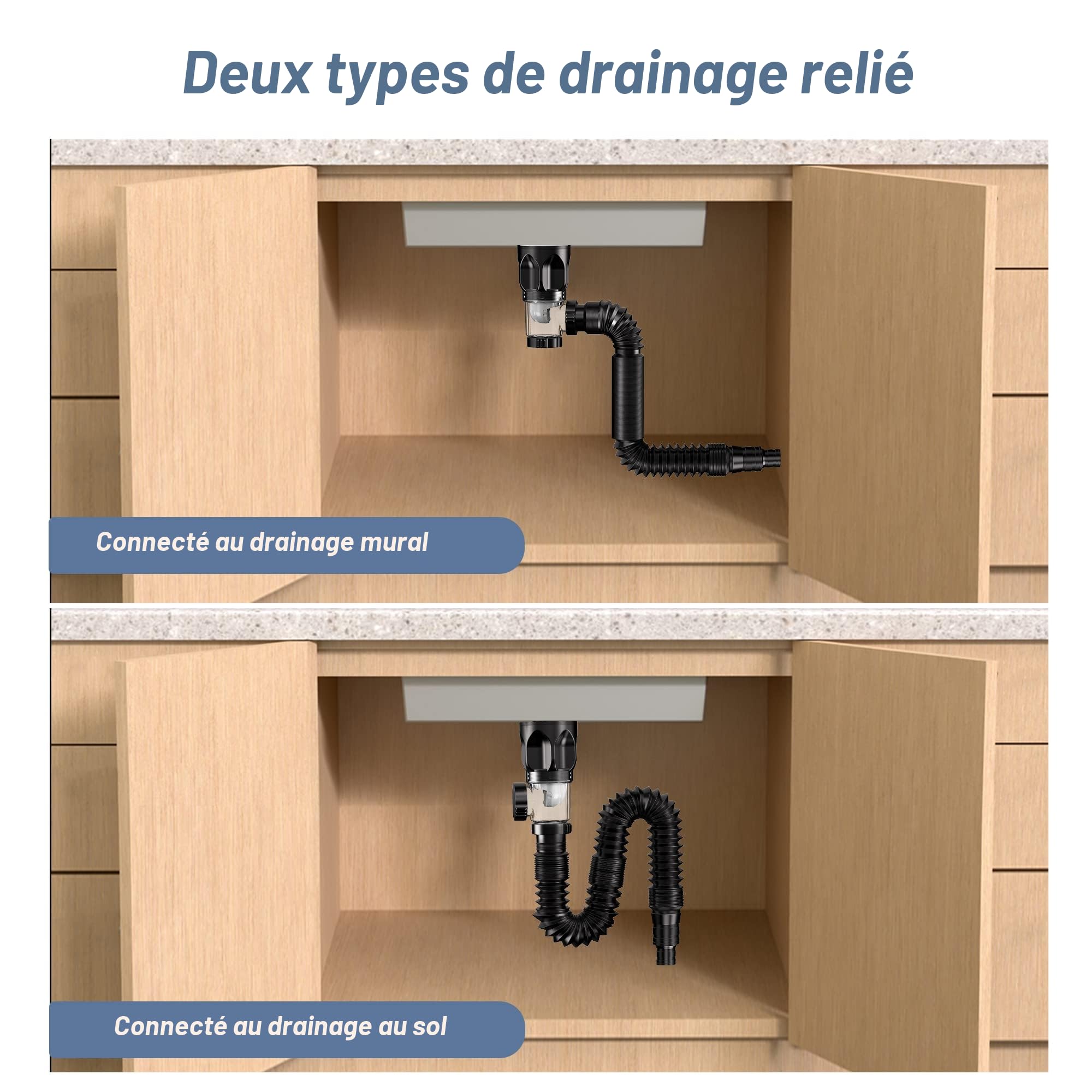Bonde de Lavabo, Viafexna Kit de Vidange D'Évier De Salle de Bain, Siphon Lavabo Avec Tuyau de Vidange Flexible Rétractable en Pvc et Bouchon Lavabo Pop-Up, Résistant Aux Odeurs Et Aux Insectes