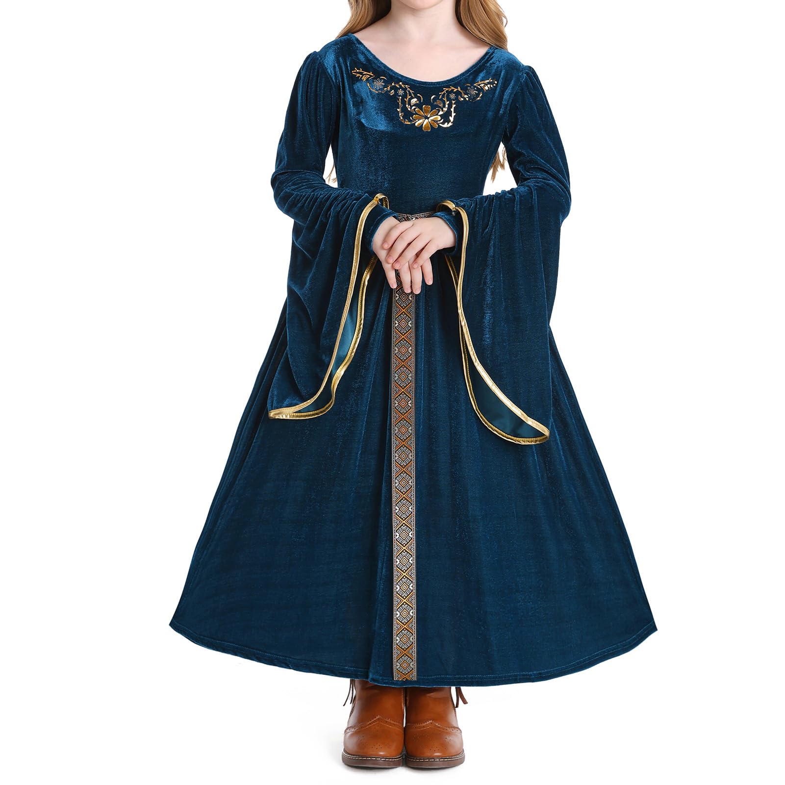 IBAKOM Girls Princess Dress Medieval Renaissance Cosplay Costume Retro Velvet Dress Kids Royal Fancy Dress Up with Belt Blue 6-7 Years