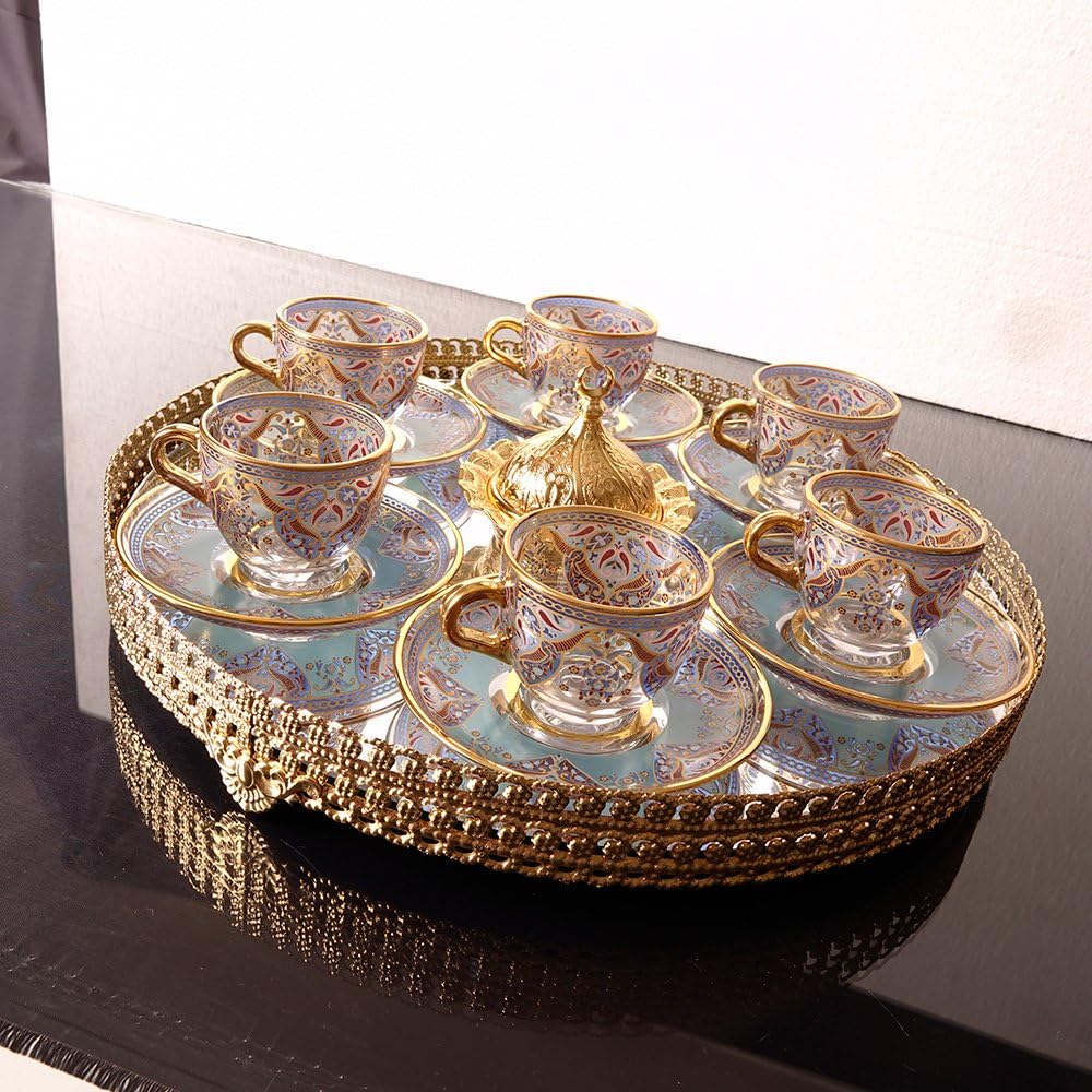 Ethnic Design Turkish Coffee Set For Six Person With Mirror Tray