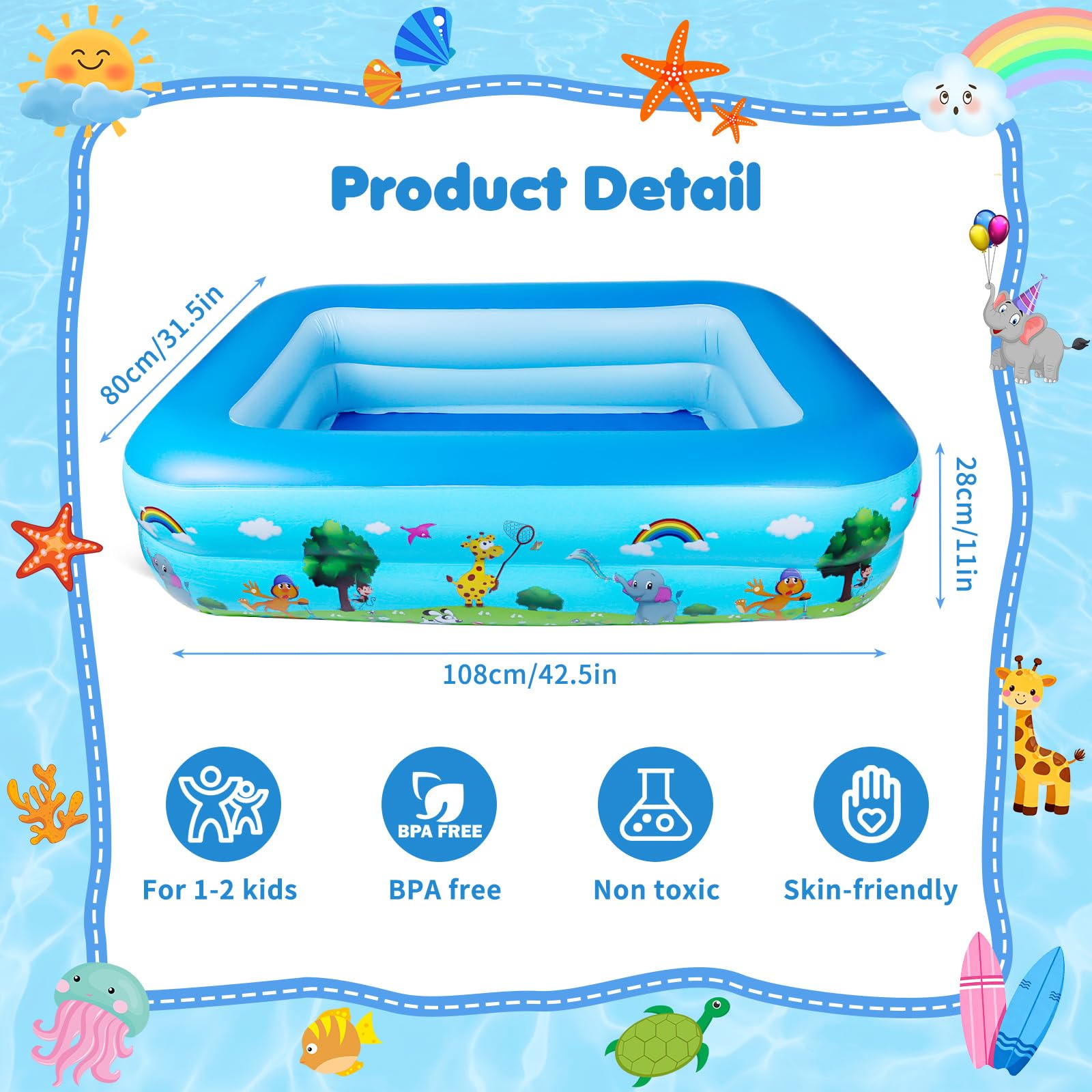 Piscina Gonfiabile, 108 x 80 x 28 CM Piscina Gonfiabile Bambini, Piscina per Bambini, Piscinas 2 Anelli, Piscina Baby Rettangolare, per Cortile, Giardino, Interno, Esterni