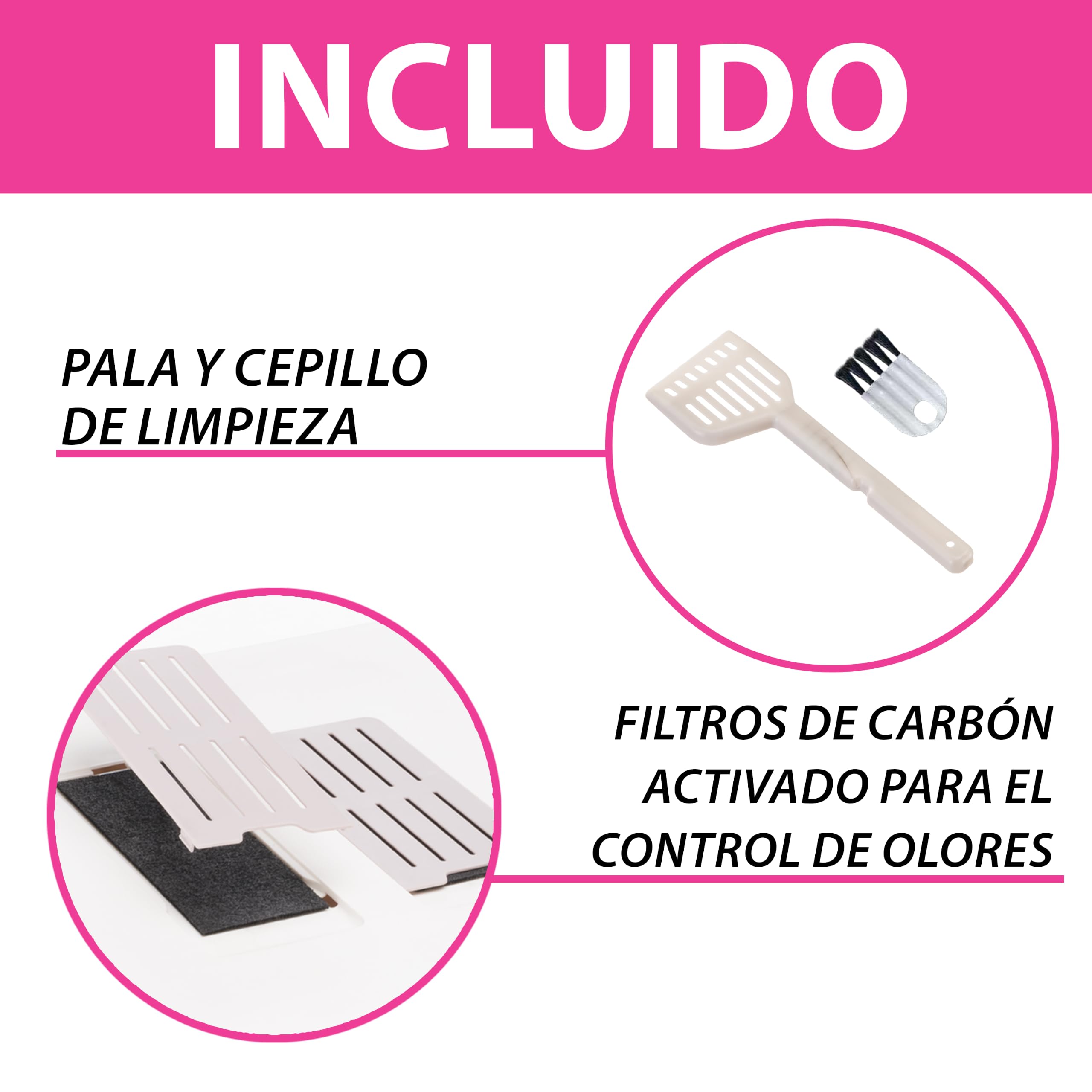 Ferplast arenero Cerrado, Control olores, Menos Suciedad, fácil, Rosa | 2 filtros de carbón activo antiolores, rejilla recoge arena, pala y cepillo incluidos