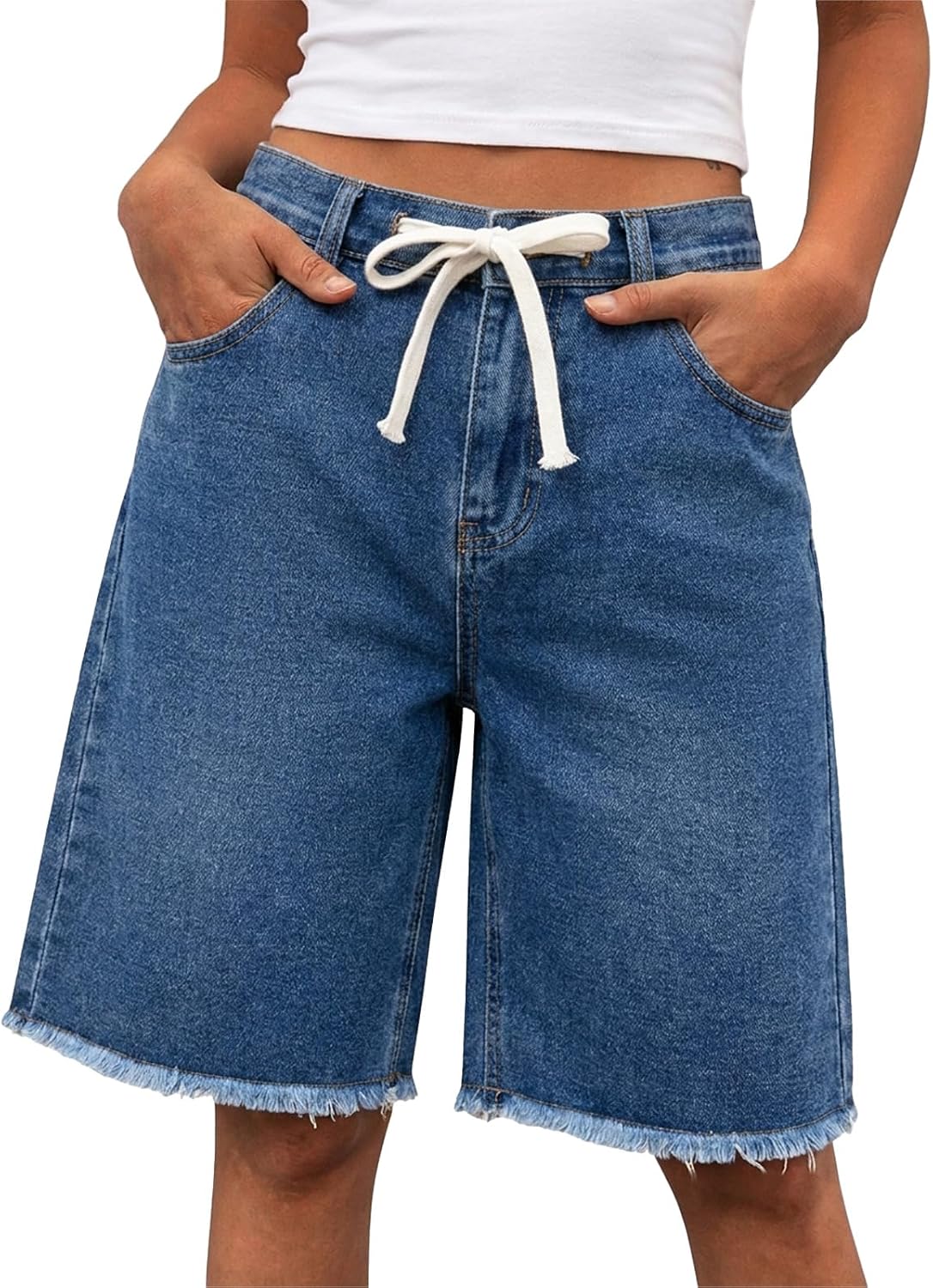 Cicy Bell Womens High Waisted Denim Shorts Bermuda Baggy Drawstring Raw Hem Jorts Casual Knee Length Jean Shorts