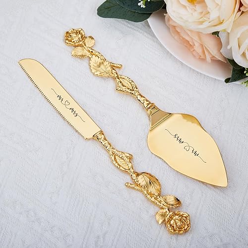 Miniatura 2 de Juego de cuchillo personalizado para tartas y servidor, cuchillo y servidor para tartas doradas, cubiertos de boda personalizados para una ceremonia